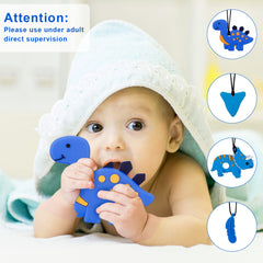 QINREN 4 Pcs Sensory Chew Necklaces, Food Grade Silicone Chewing Toys Set, Oral Motor Chewy Teether with Wearable Rope for Kids Boys Girls Teething, Anxiety, Biting Needs (Blue Dinosaur)