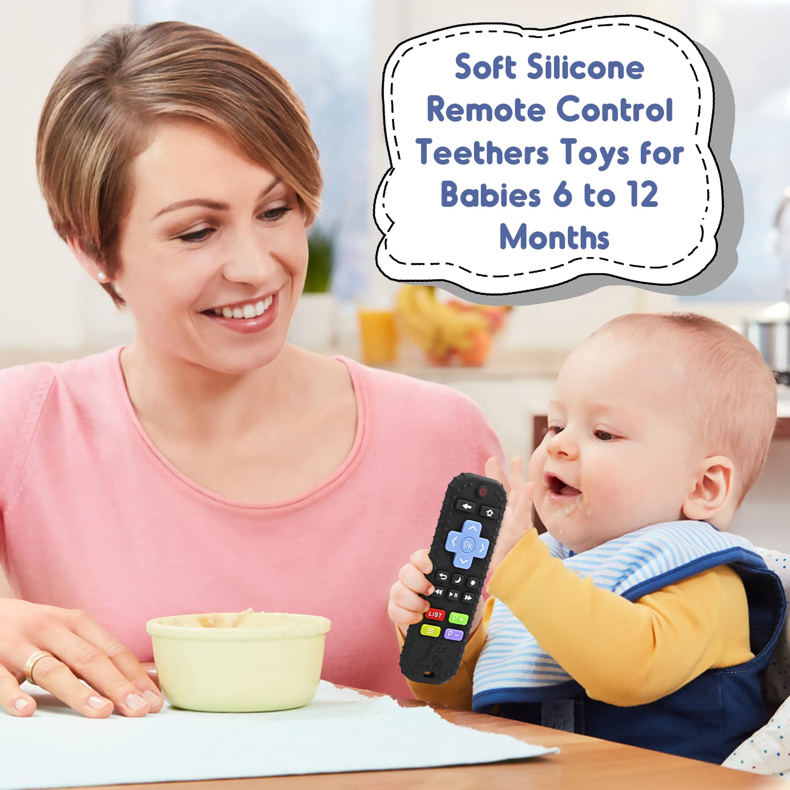 Teething Relief Teethers Toys for Babies 3-6 12 Months Gifts, Silicone Remote Control Baby Teether Bath Toys for 3 6 9 Months Newborn Infant Boy Girl Autism, Food Grade Silicone Sensory Toys, Black