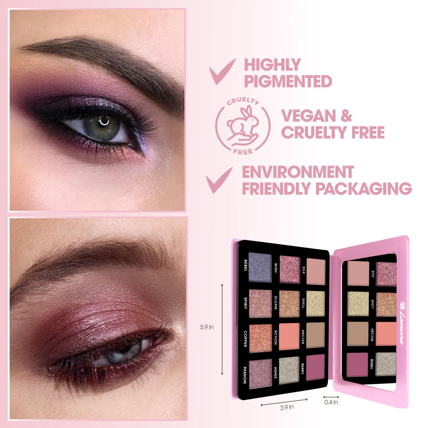 Lamora Pink Eyeshadow Palette Makeup - 12 Highly Pigmented Shimmer and Matte Shades - Travel Size with Mirror - Vegan & Cruelty Free