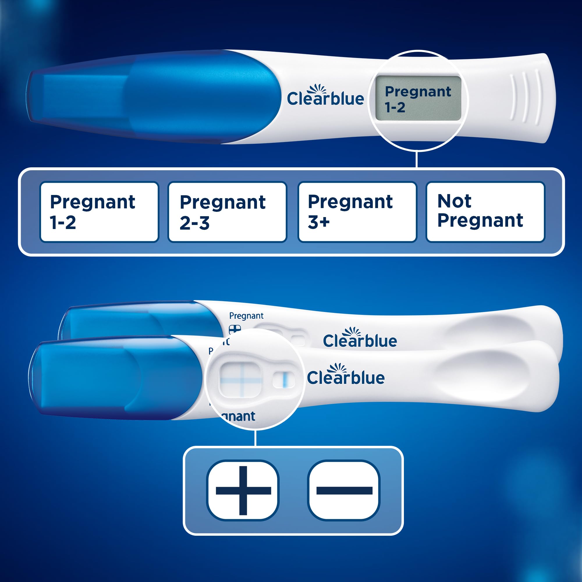 Clearblue Pregnancy Test 3X Confirmation Combo Pack, Result As Fast As 1 Minute (Visual Sticks) & Tells You How Many Weeks (Digital Stick), Kit of 3 Tests (1 Digital, 2 Visual)