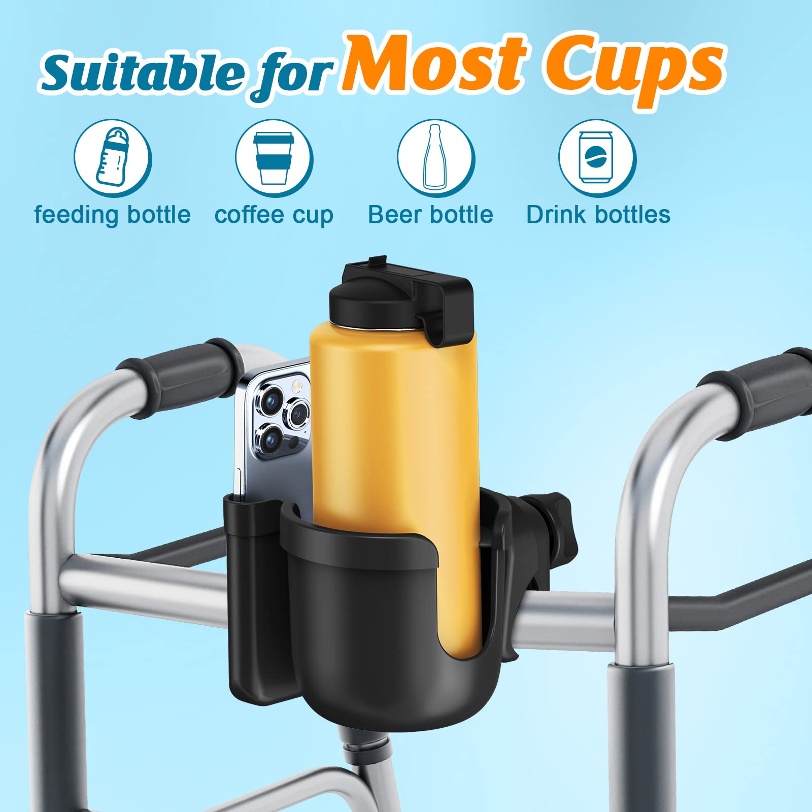 Guiseapue 2 Packs Pram Cup Holder,Universal Drink Holder with Phone Holder for Baby Stroller, Wheelchair, Walker, Bike, Scooter