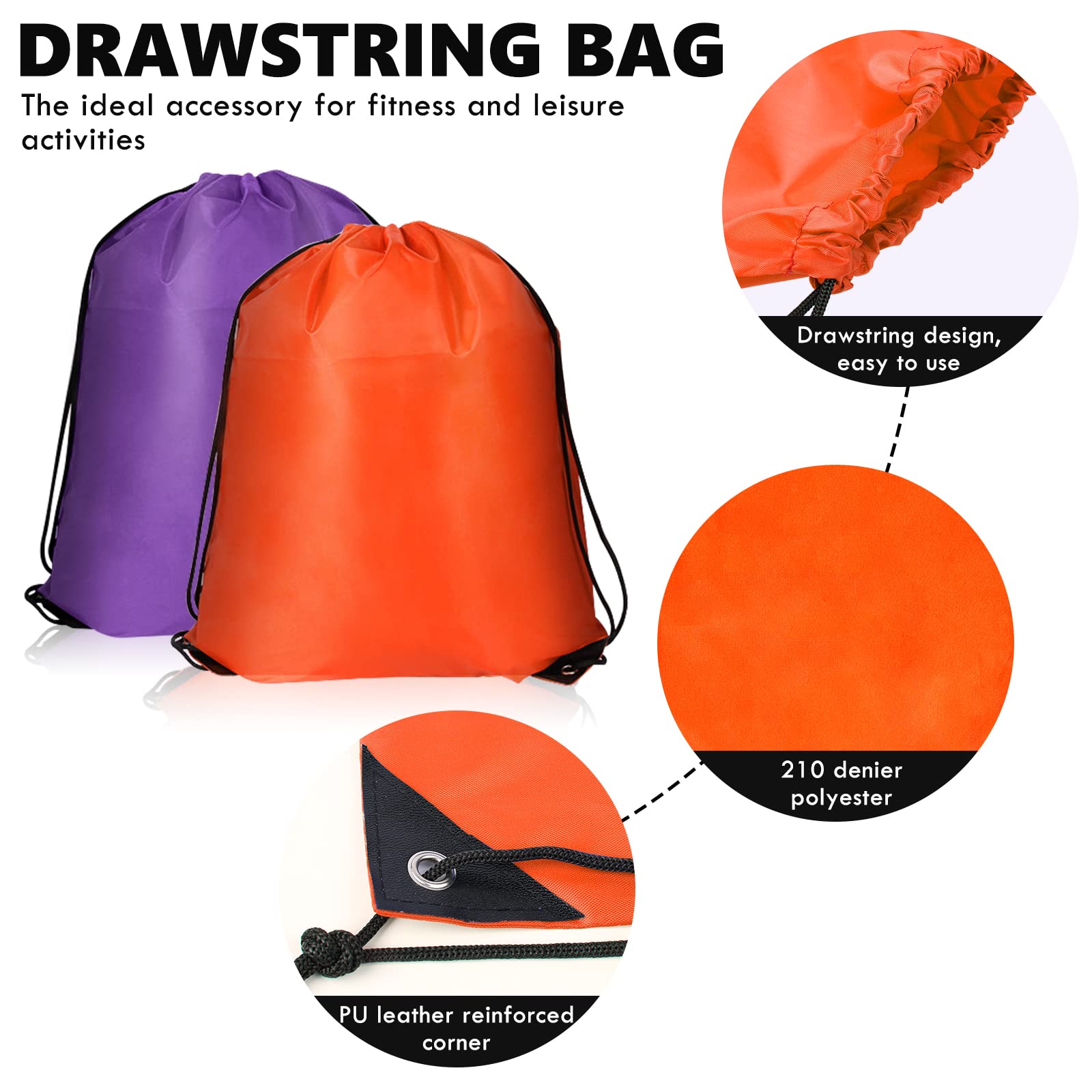 AURUZA 2PCS Drawstring Bags,PE Bags Drawstring Gym Bag,String Swimming Bag Trainer Bag Personalised Drawstring Bag, Suitable for Sports,School,Gym,Travel,Swimming and Various Activities(PurpleandOrange)