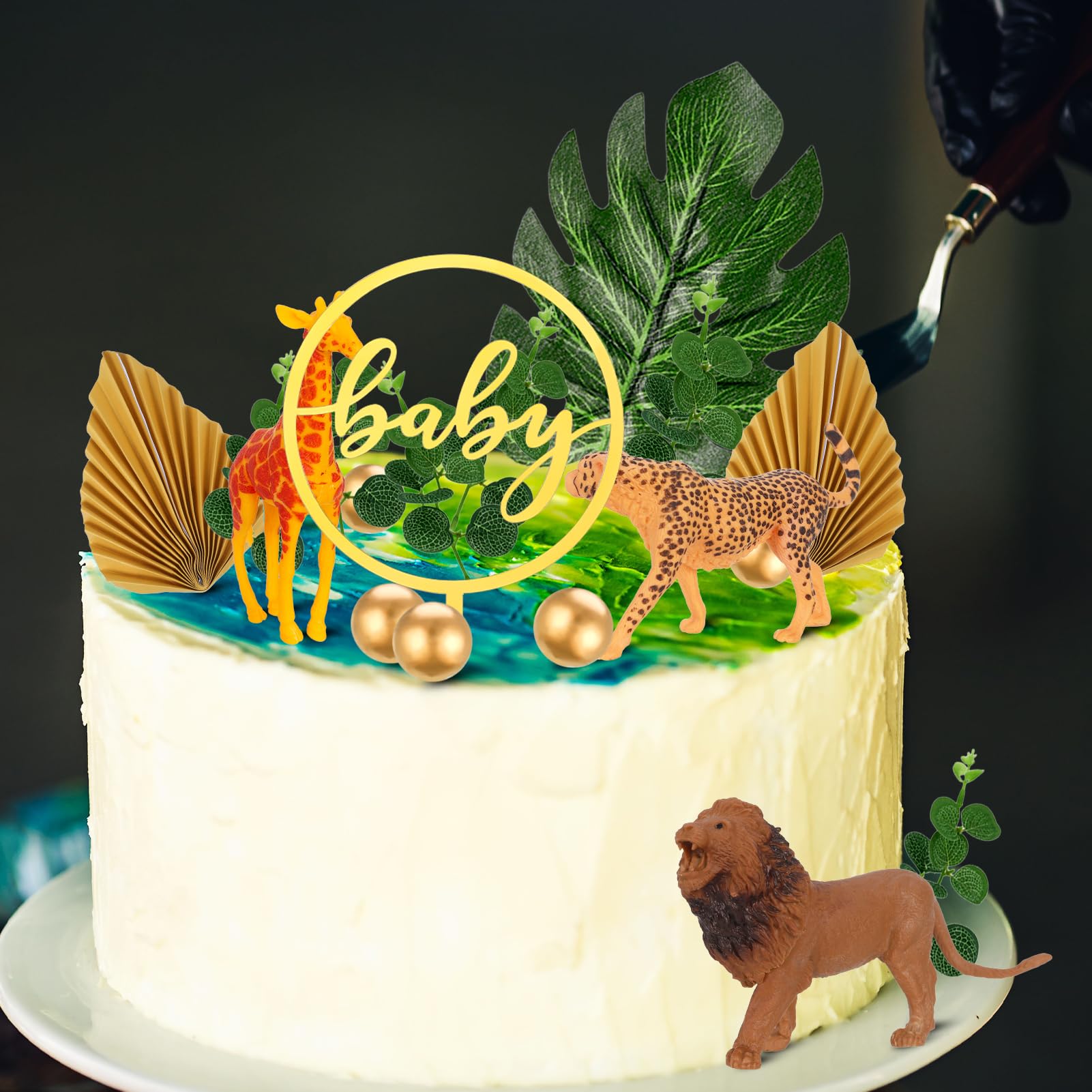 Heyu-Lotus Animal Cake Toppers, 15 PCS Safari Jungle Baby Shower Cake Toppers with Artificial Plam Leaves Eucalyptus Leaves Decors with Lion Giraffe Cheetah for Wild Theme Birthday Baby Shower Party