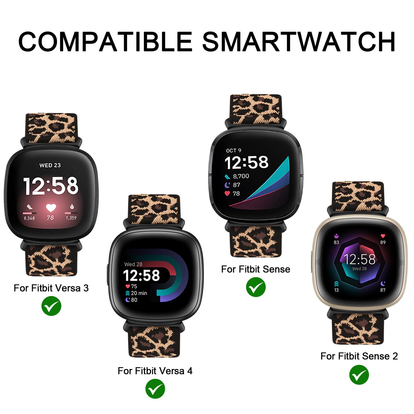 AK Straps Compatible with Fitbit Versa 4 Strap/Fitbit Versa 3 Straps/Fitbit Sense Strap/Sense 2 Strap for Women Men, Soft Elastic Nylon Replacement for Fitbit Versa 4/Versa 3/Sense 2(Leopard)