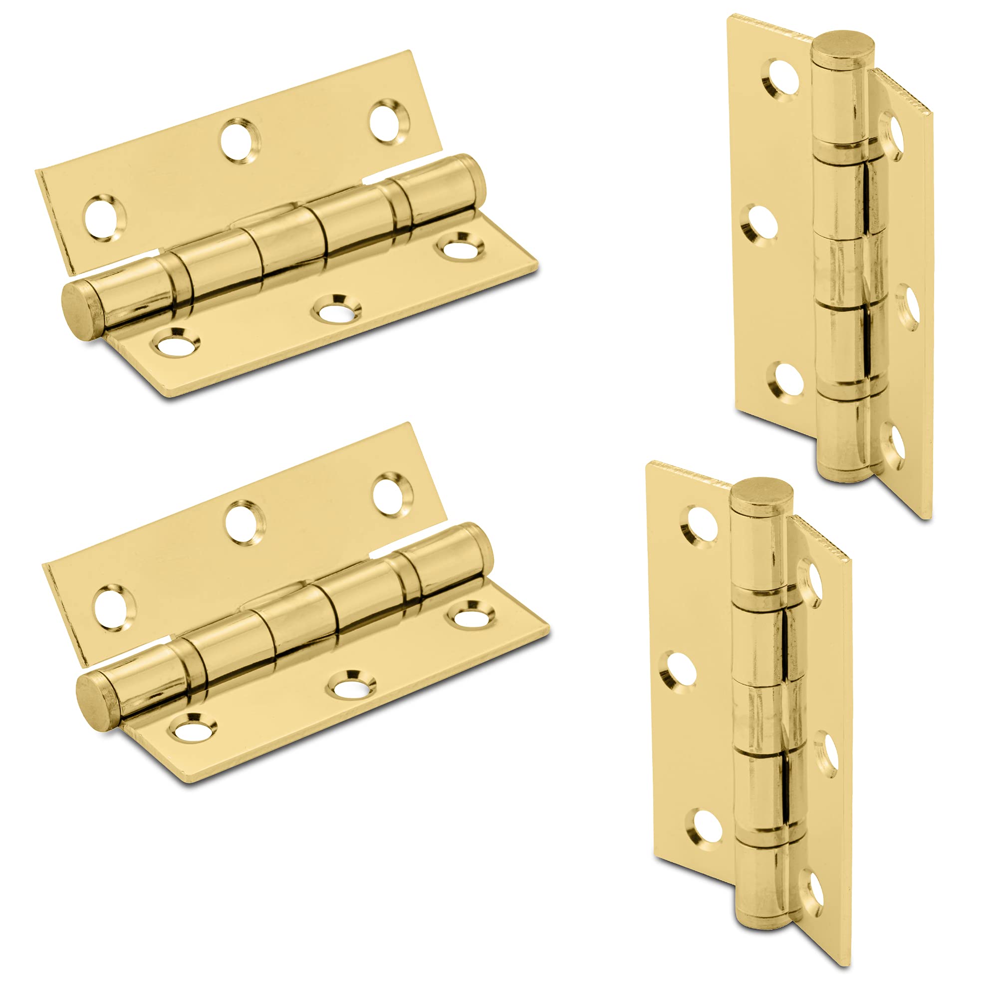 XFORT 3 Inch (75mm) Polished Brass Ball Bearing Hinges, Steel Door Hinge for Wooden Doors (2 Pairs)