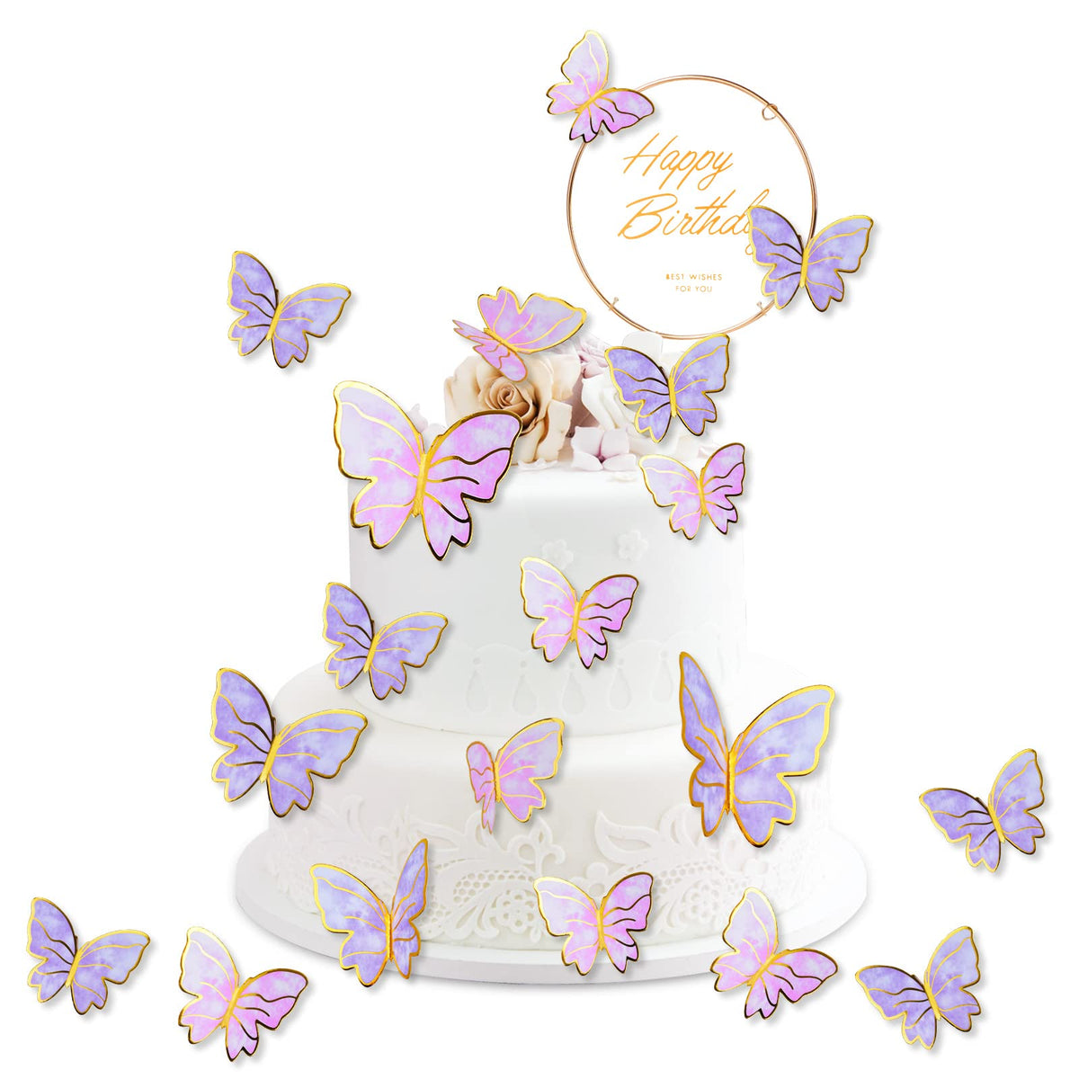 OSDUE 22 PCS Butterfly Cake Decorations, Butterfly Cake Topper Set with 13 Sticks, Butterfly Cake Topper Decorations for Baby Shower Wedding Birthday Party Decor (Pink&Purple)