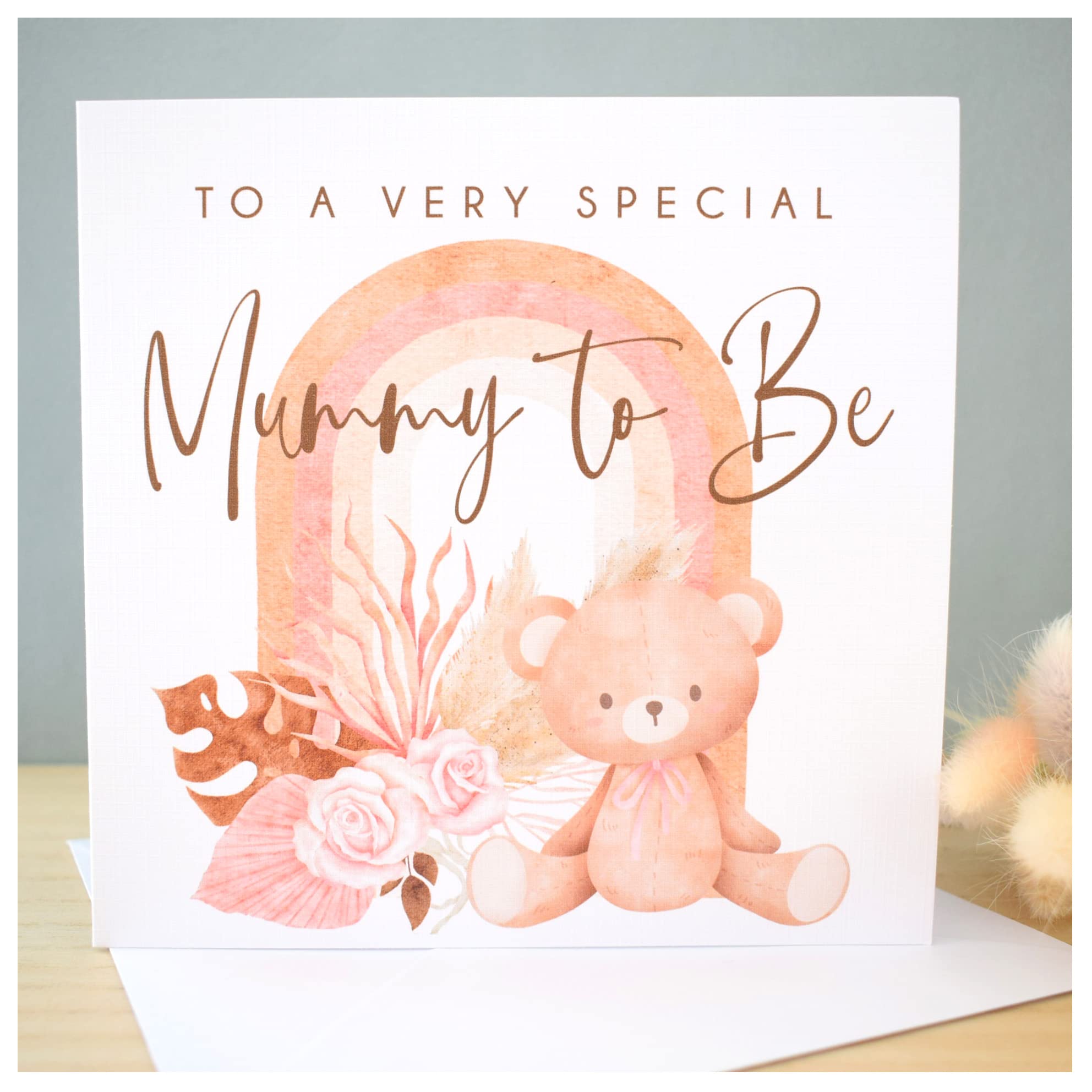 Very Special Mummy To Be Card. Pregnancy Congratulations. Baby Shower Card. Neutral Dried Pampas Flowers & Rainbow Arch. Nude Pink Beige. Square Modern Greeting Card