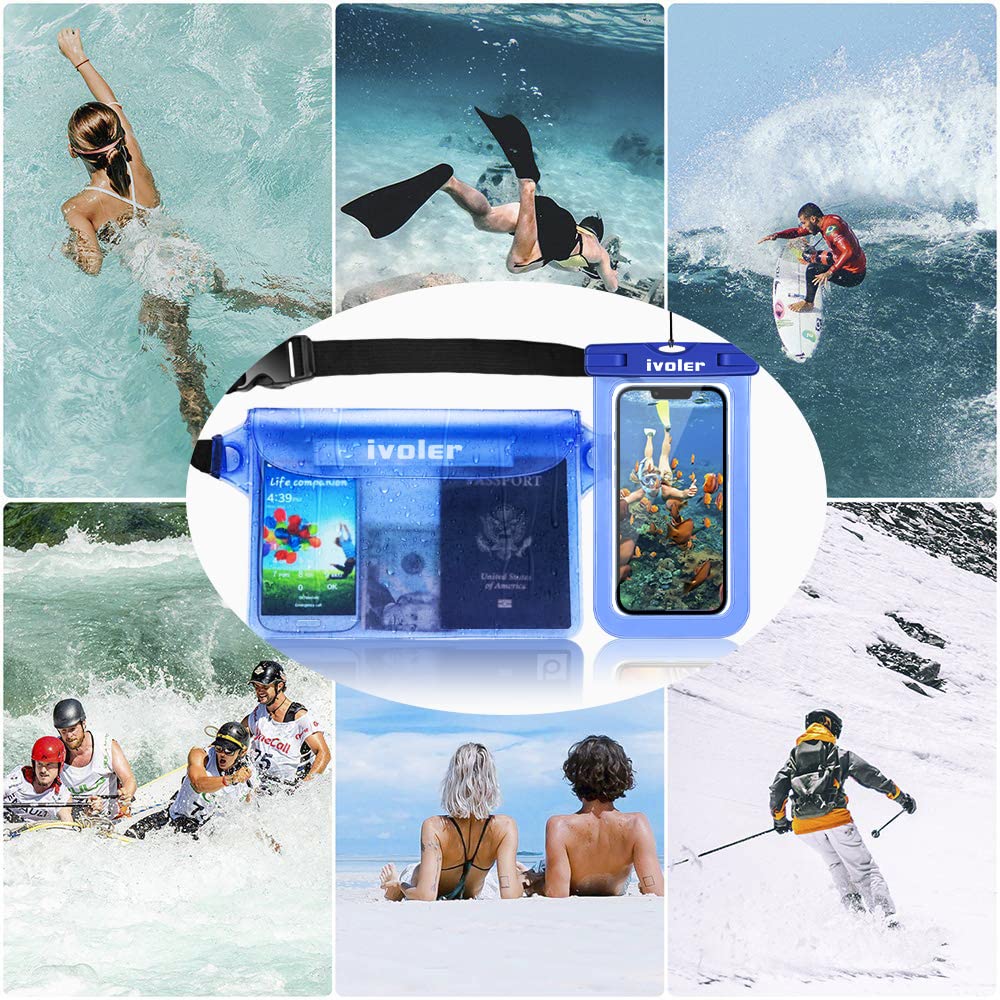 ivoler Waterproof Pouch Bag and Phone Case, Waterproof Case Dry Bag for Beach,Swim,Boating,Kayaking,Hiking,Protects Iphone Phone, Camera, Cash,Passport, Document from Water, Sand, Snow, Dust- Blue