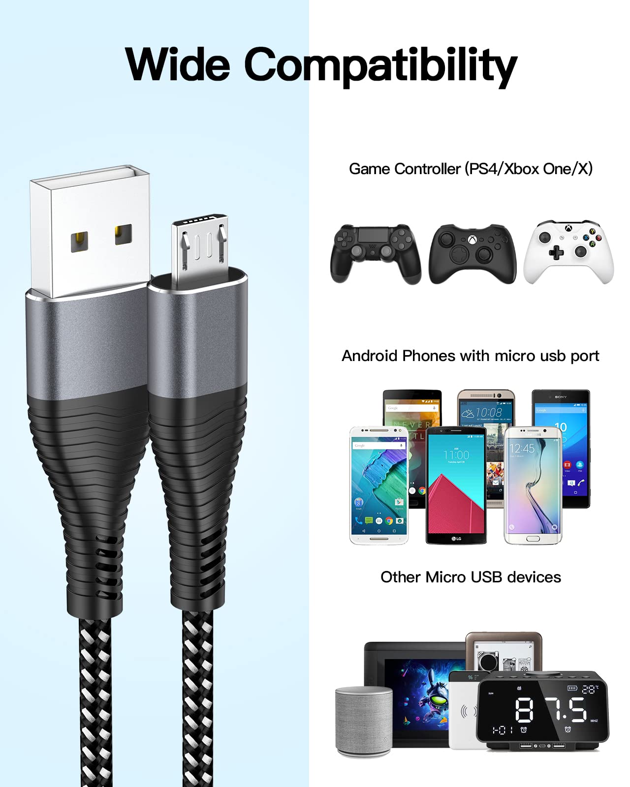 Micro USB Charger Cable 3M for PS4 Controller, Work for Sony Playstation 4 / PS4 / PS4 Slim / PS4 Pro/Xbox One Controller, Extra Long 3 Meters USB Charging Cable 2Pack