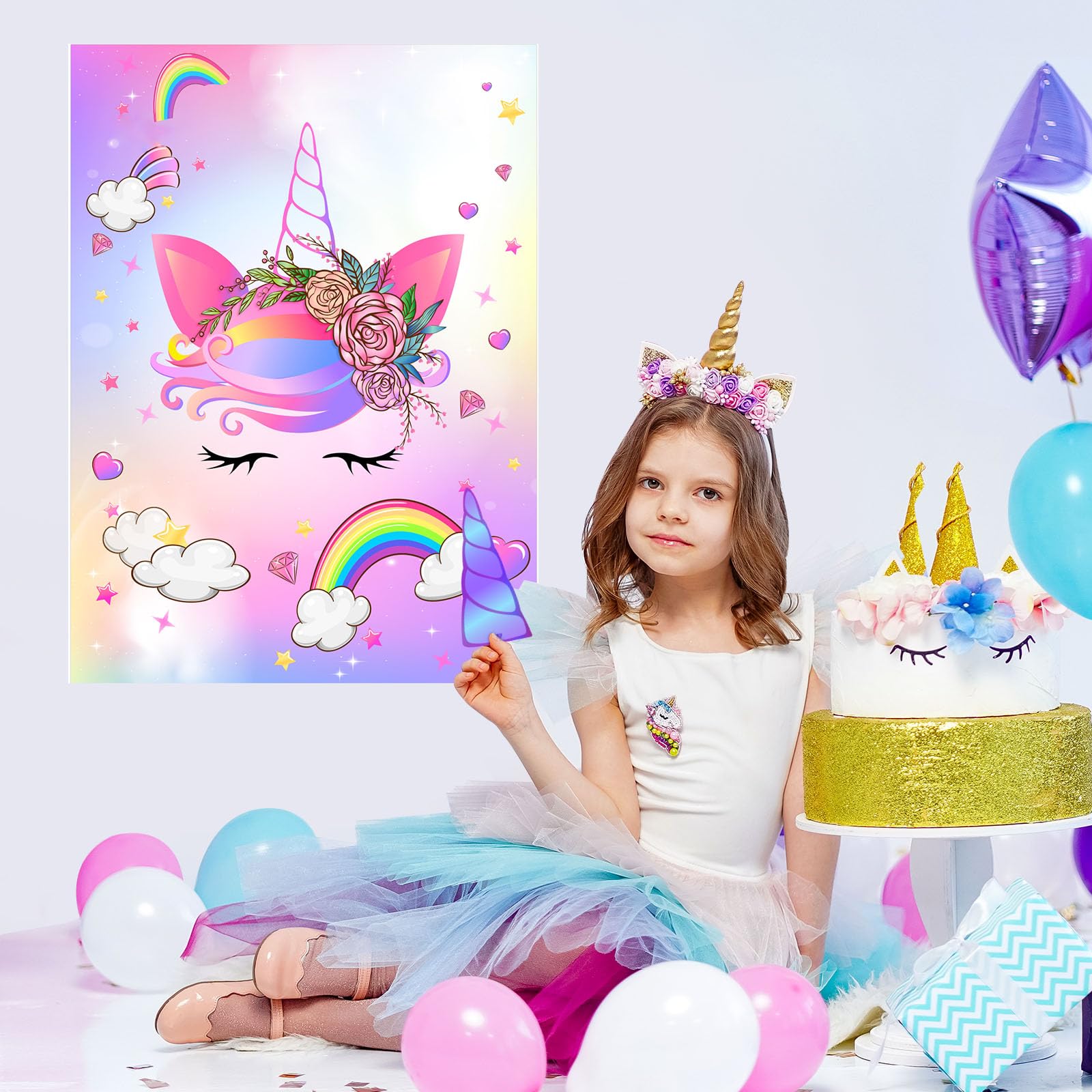 NEBURORA Pin The Horn on The Unicorn with 30 PCS Horns Unicorn Birthday Party Supplies for Girls Birthday Party Game for Kids