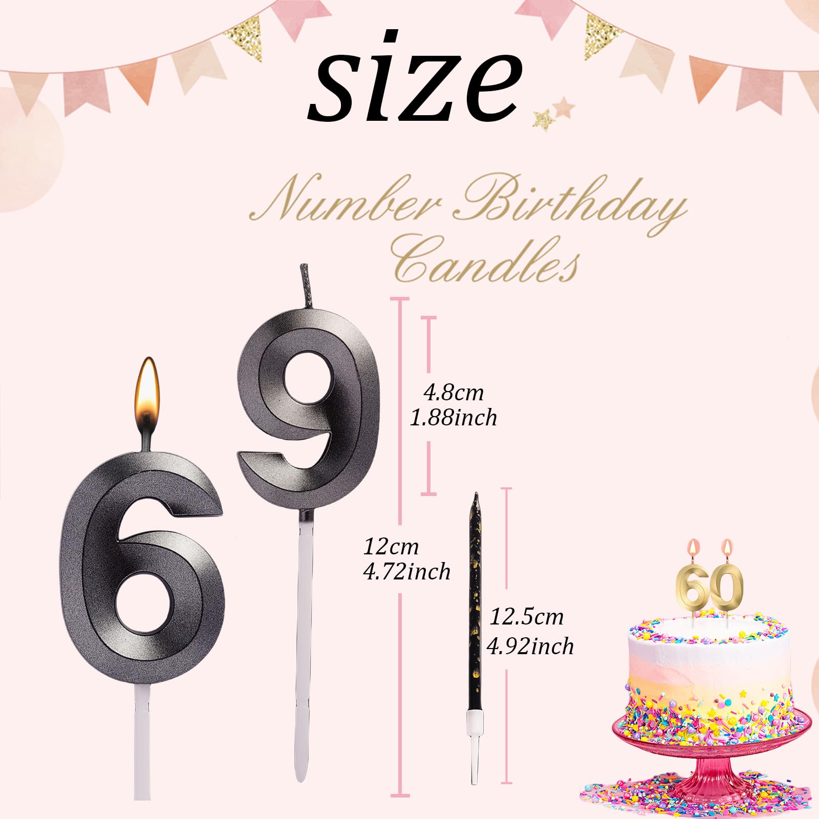 50th Birthday Candles Black Number 50 Candles for Birthday Cake with Black Long Candles, Black 50 Candles for Cake Birthday Cake Topper Decorations for Women Men Birthday Party