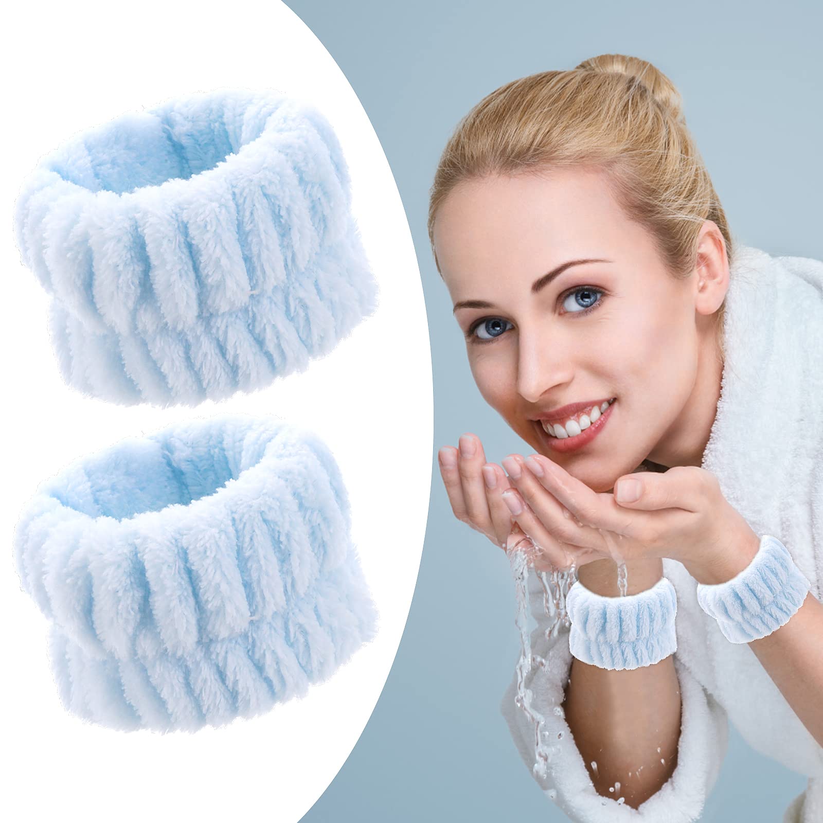 WLLHYF 2Pieces Face Washing Wristbands Spa Wash Band Microfiber Wrist Towels for Women Washing Face Makeup Skin Care Yoga Prevent Liquid from Spilling Down Arm (Blue)