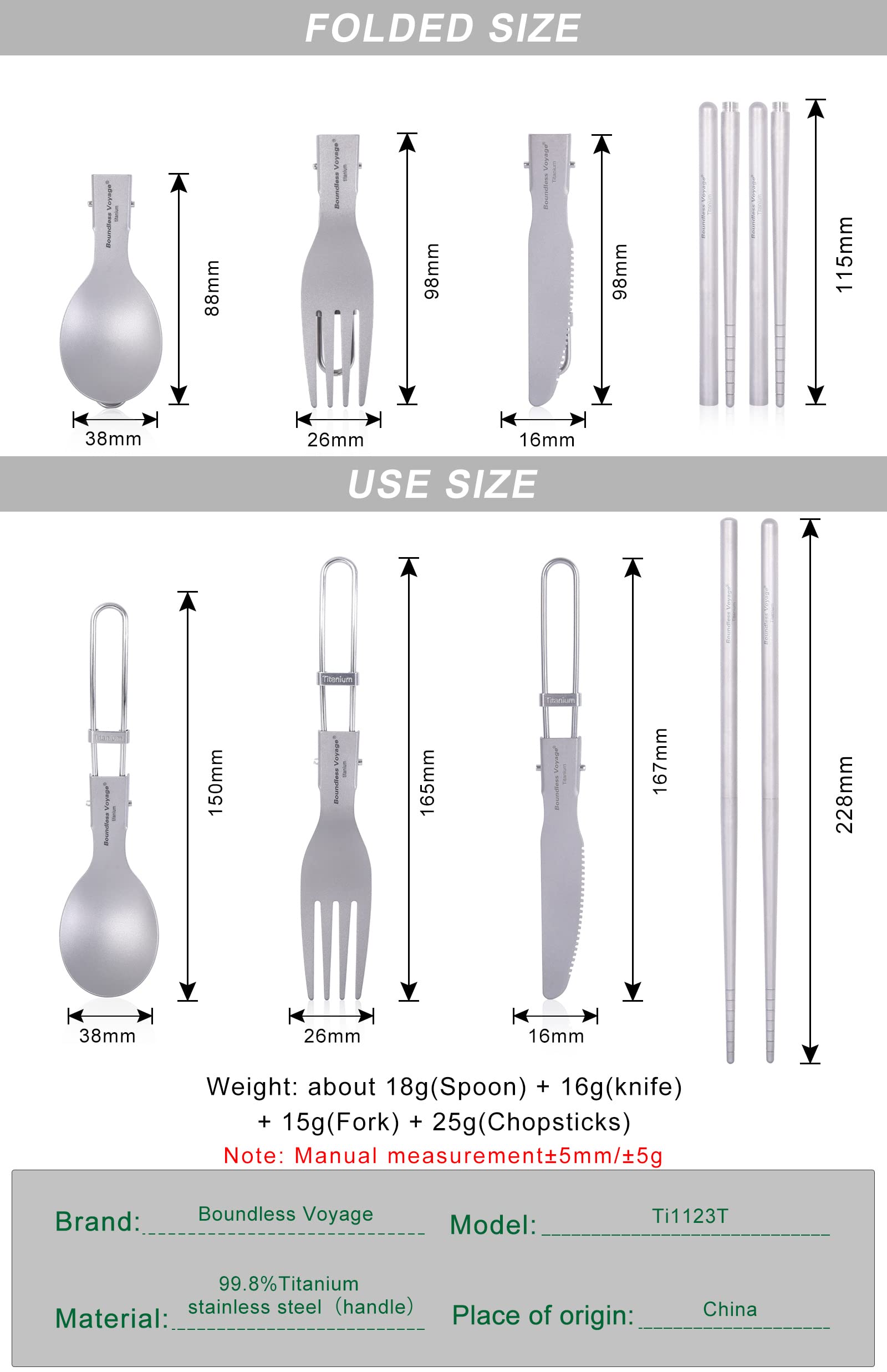 iBasingo Camping Cutlery Set Titanium Folding Knife Fork Spoon 2-Section Chopsticks Outdoor Travel Portable Tableware Small Lightweight Flatware Business Trip Picnic Hiking Fishing Dinnerware Ti1123T