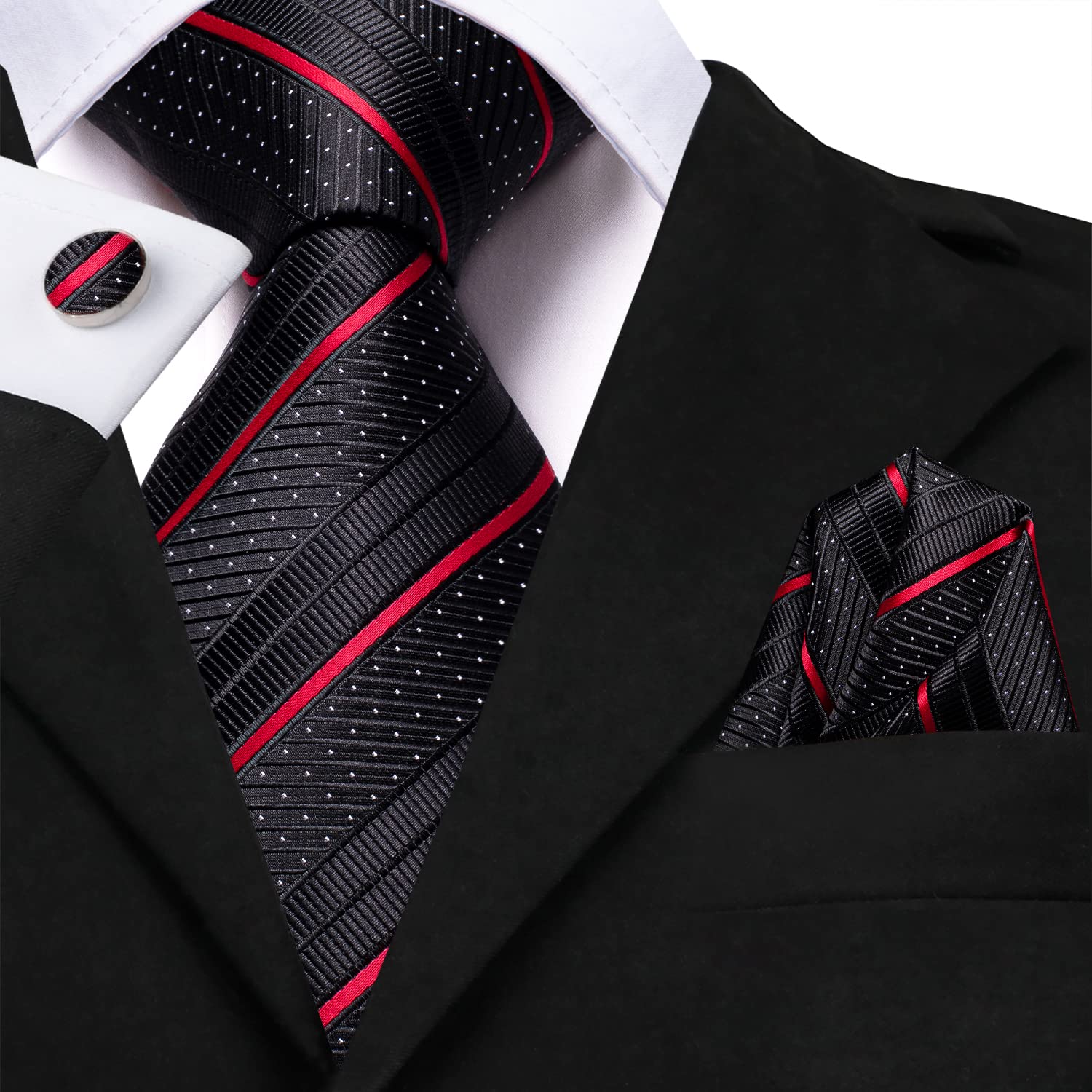 Hi-Tie Black Red Ties for Men Silk Striped Mens Ties and Flower Lapel Pin Necktie Handkerchief Cufflinks Set for Wedding