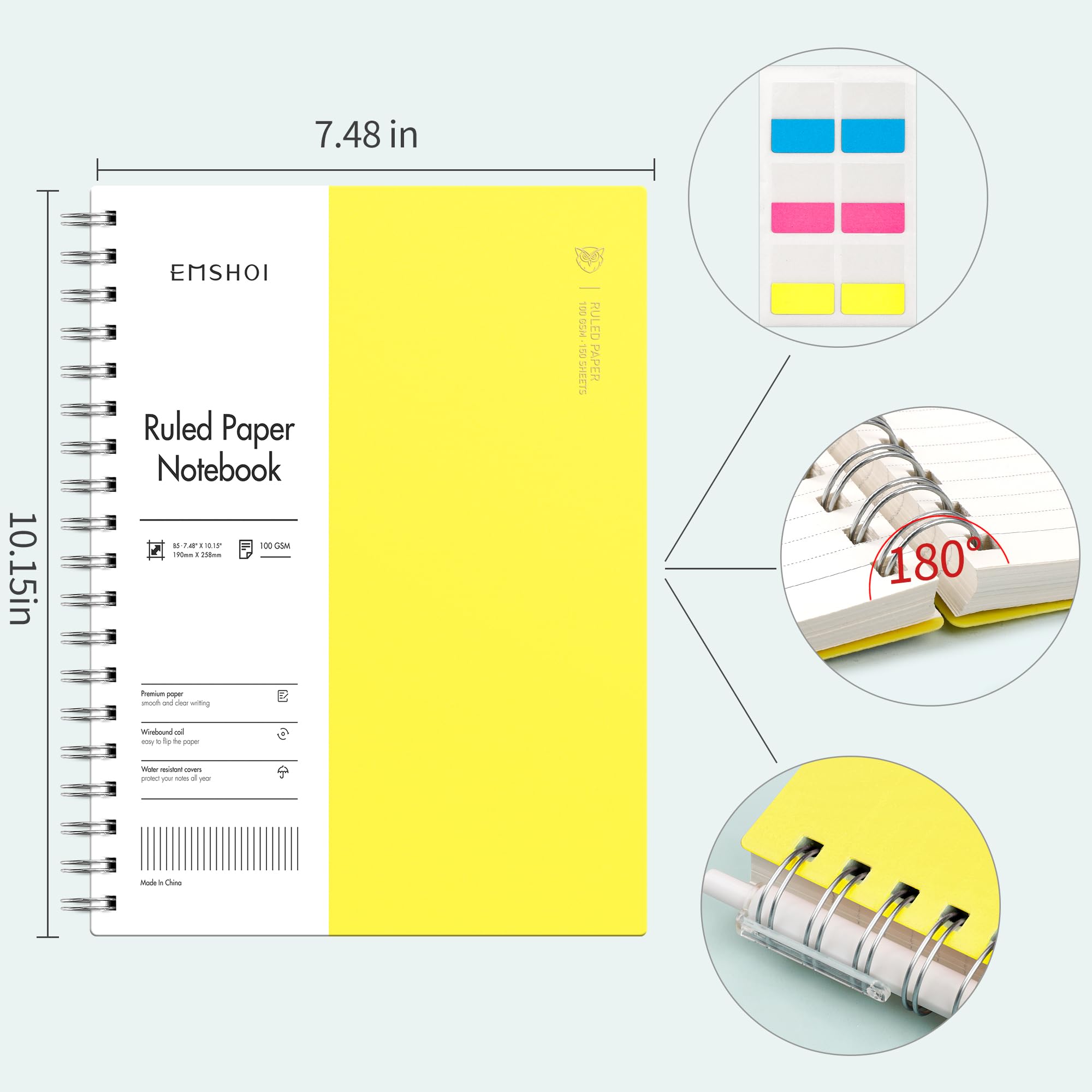 EMSHOI B5 Wirebound Notebook Lined 300 Pages/150 Sheets, Spiral Notepad Multi-coloured, 100gsm Thick Paper, Waterproof Hardcover, Writing Journal for Women Men Work Office School,19 x 25 cm, Yellow