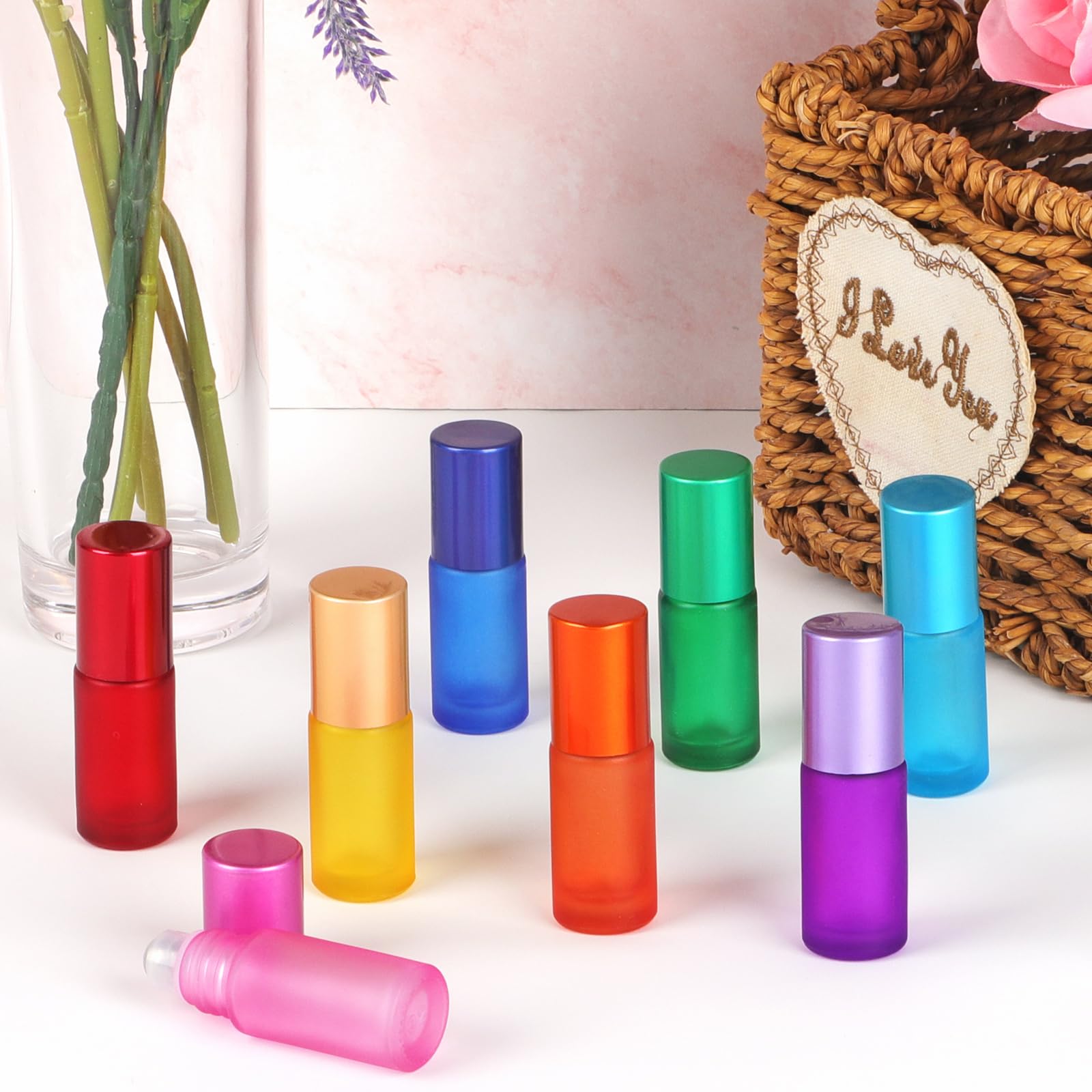 Essential Oils Roller Bottles, 8pcs Roll on Bottles with Stainless Steel Ball, 5ml Glass Roller Bottles with Bottle Opener, Dropper and Funnel for Essential Oils, Fragrance, Aromatherapy (8 Colors)