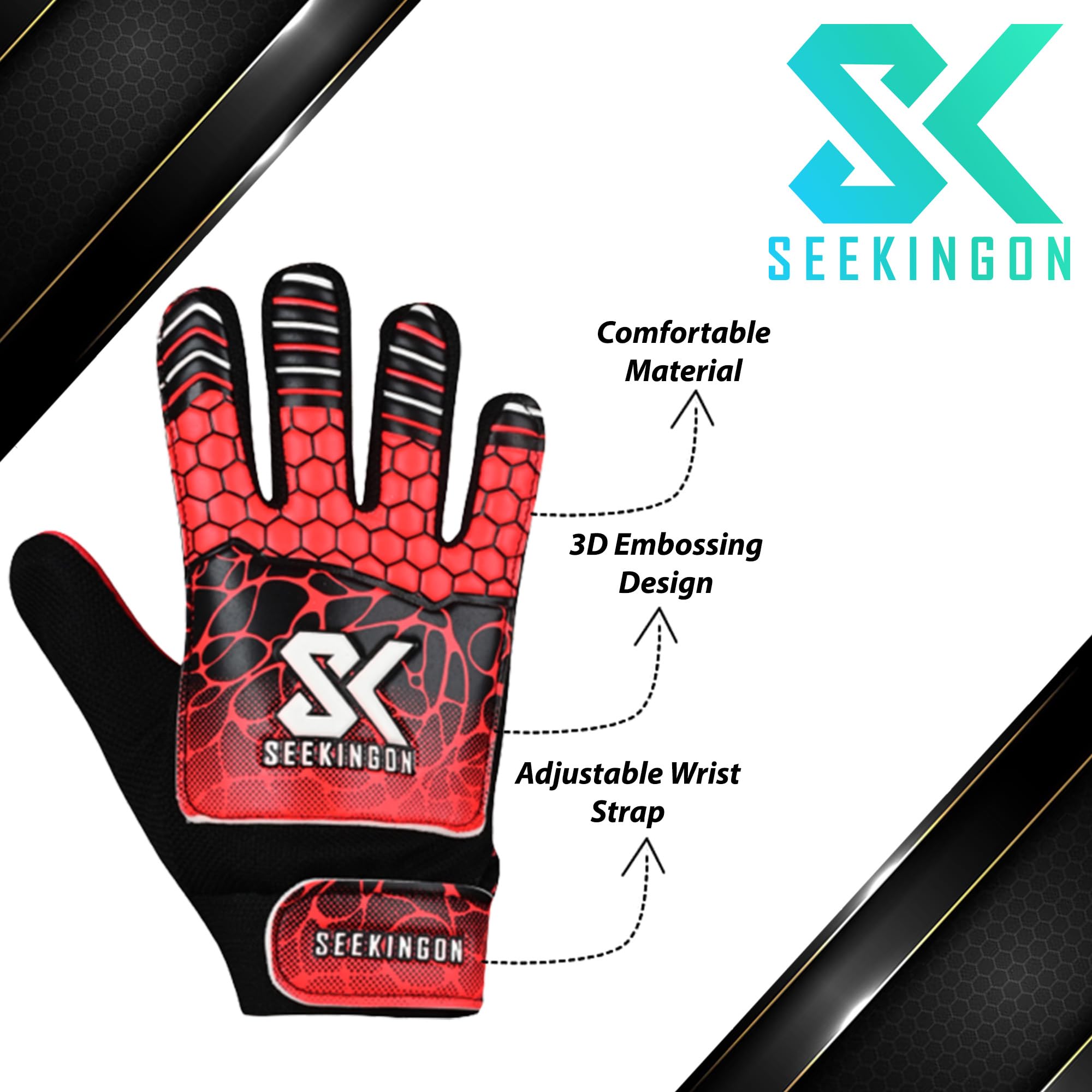 Seekingon Goalkeeper Gloves Kids, Children, Football Training Gloves with Premium Grip, Weather-resistant, Breathable, Latex Goalie Gloves Sizes 4/5/6/7 (Red, 7 S-M Adult)