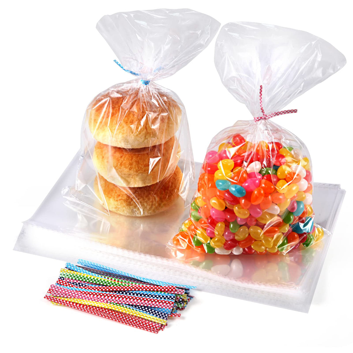 ihaspoko 100 Pieces Transparent Cellophane Bags with 100 Twist Ties for Candy Cookies Sweets (25x15cm)