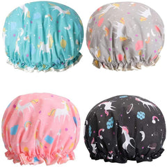 Phoetya 4 Pack Unicorn Shower Caps, Double Layer Waterproof Shower Hat Reusable Elastic Band Bath Caps Perfect for Women and Girls Shower Spa