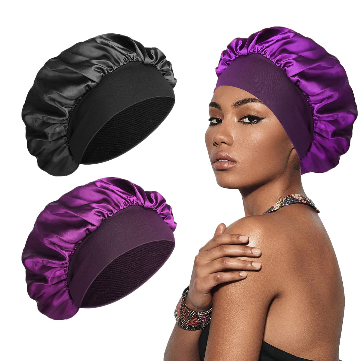 SWEET VIEW Silk Bonnet, Silk Hair Wrap for Sleeping, Soft and Comfortable Satin Sleep Cap, Black, Purple