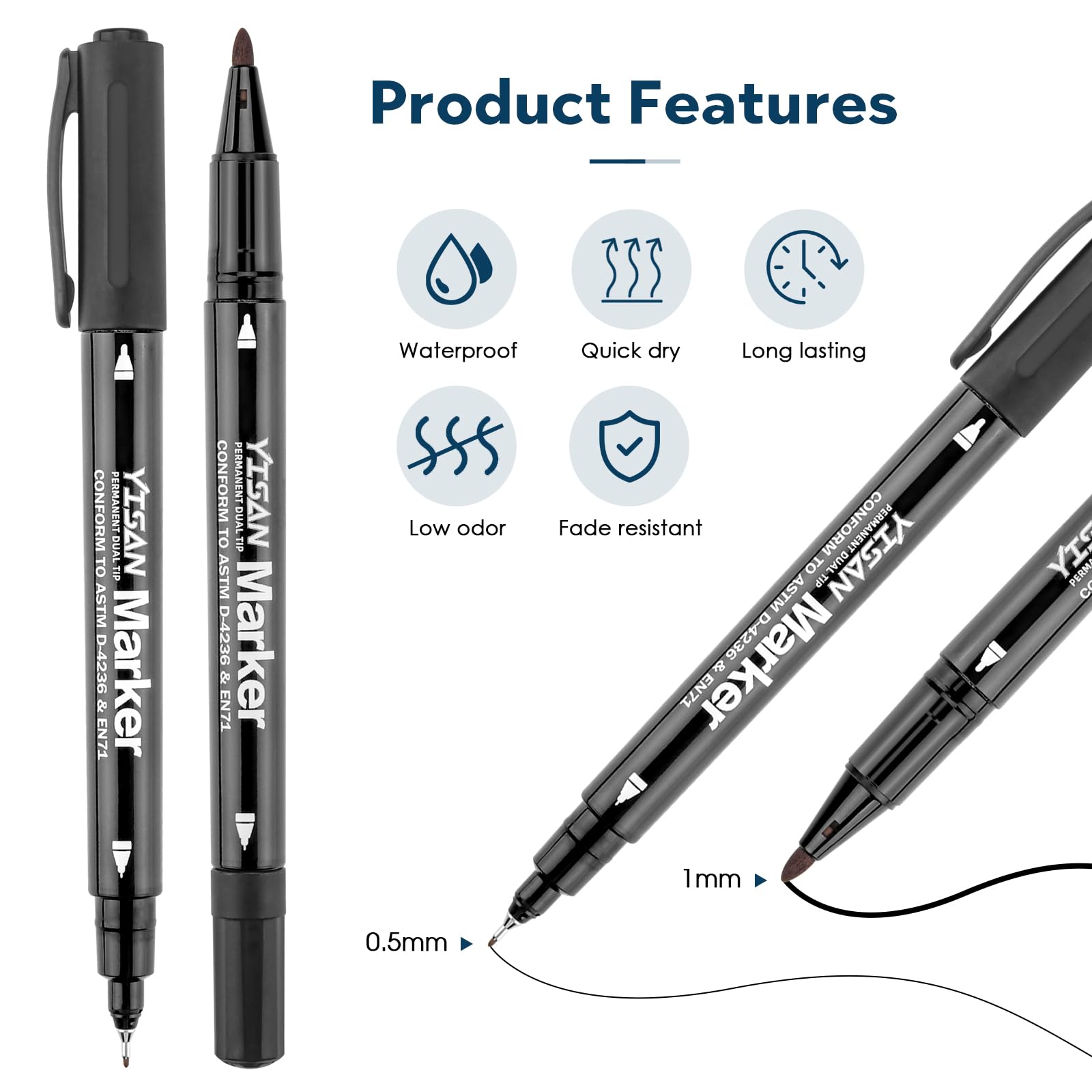 YISAN Twin Tip Permanent Marker Pens,12 Ultra Fine Point Black CD Permanent Marker Set for Glass, Plastic,Wood,Stone,70788