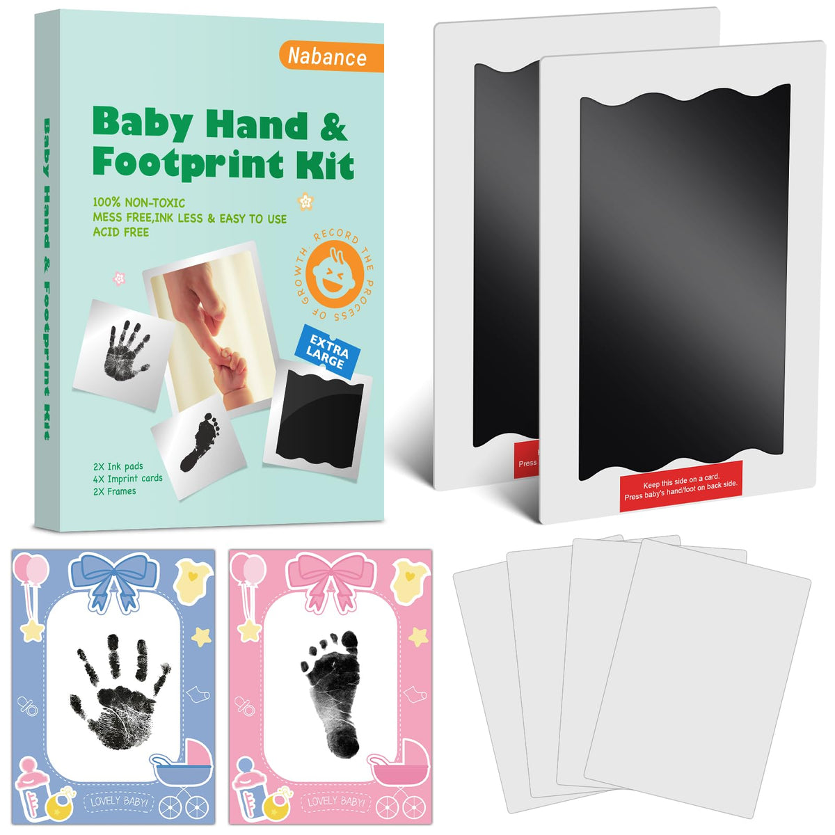 Nabance Baby Hand and Footprint kit, 2 Large Size Inkless Ink Pads with Pink & Blue Photo Frames, 4 Imprint Cards, Stamp Print Ink Pads, Safe Non-Toxic for Baby Handprint 0-12 months, Family Keepsake