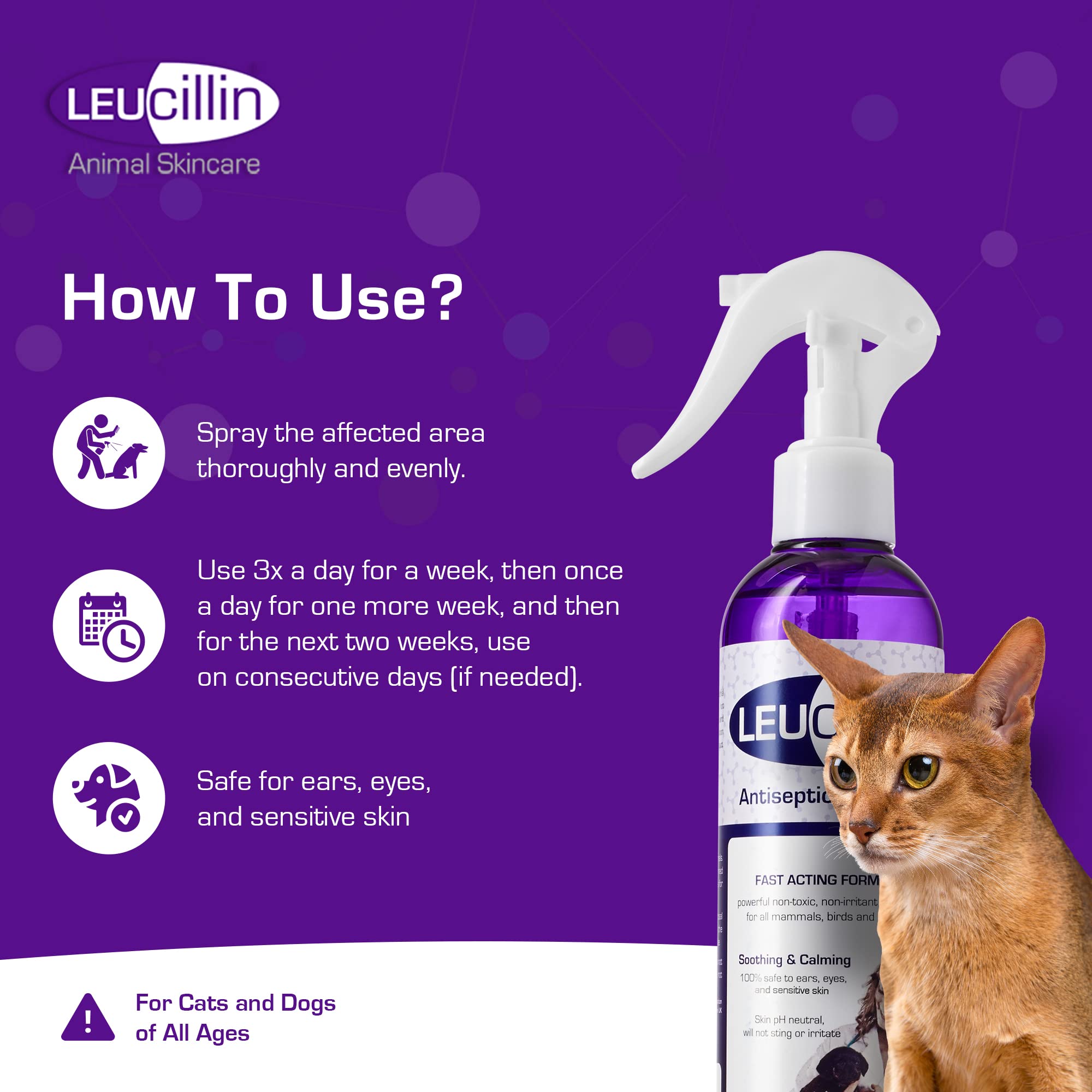 Leucillin Natural Antiseptic Spray - Antibacterial Antifungal Antiviral for Dogs Cats All Animals Itchy Skin Minor Wound Care and Skin Health   150ml