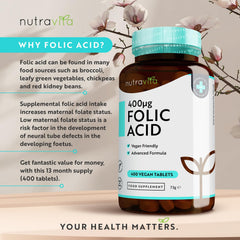 Folic Acid Tablets 400 mcg - 400 Vegan Vitamin B9 Tablets - 13 Month Supply - Pregnancy Care - Normal Function of Immune System & Maternal Tissue Growth During Pregnancy - Nutravita