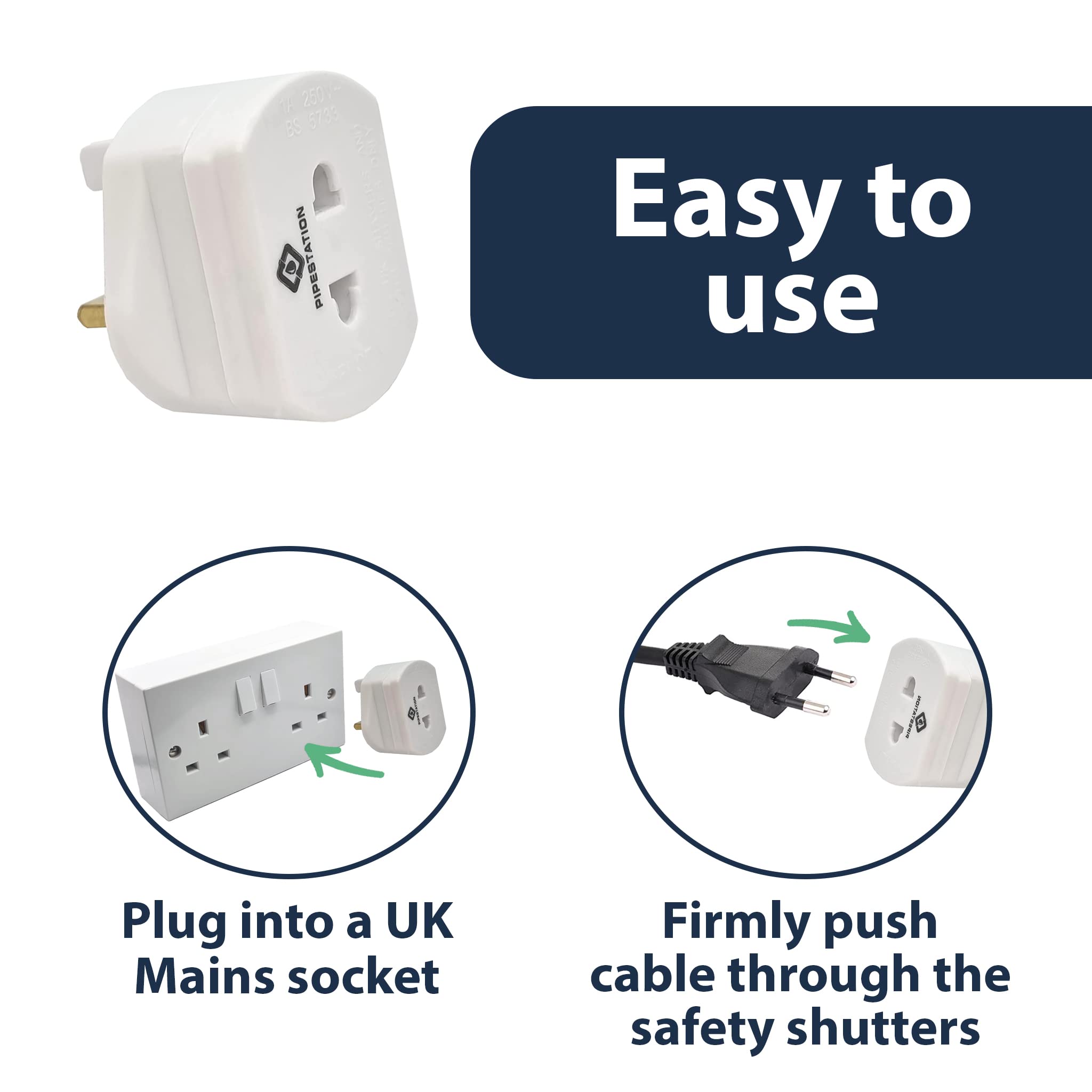 Pipestation Shaver Plug Adaptor UK - Toothbrush Adapter Plug UK with Safety Shutters - Universal Electric Toothbrush Adapter Plug UK - 2 Pin to 3 Pin Adapter Plug UK for Tooth Brush Bathroom Shaving