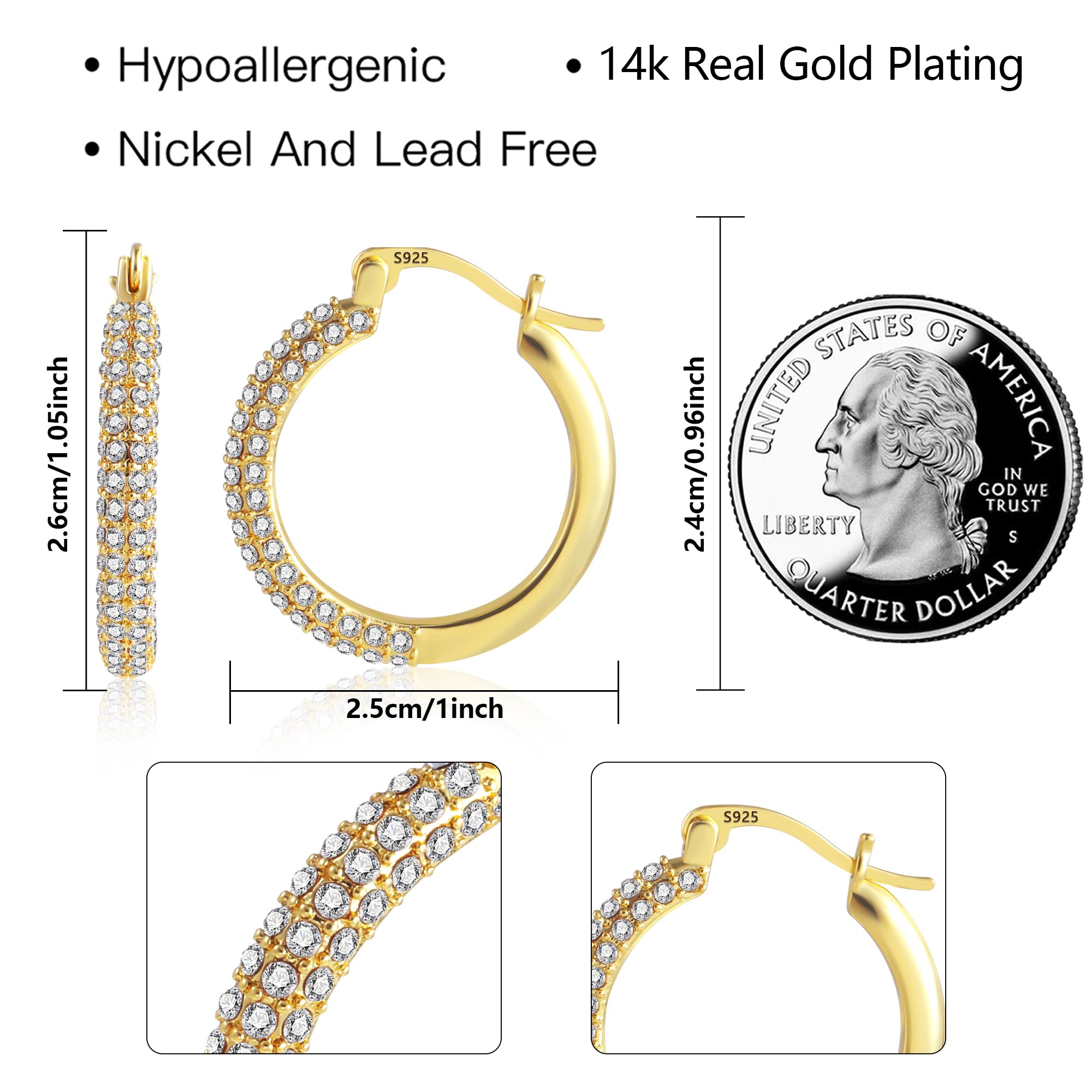 ASH'S CHOICE Gold Hoop Earrings, 925 Sterling Silver Gold Hoop Earrings for Women,14K Gold Plated Cubic Zirconia Diamond Crystal Rhinestone Hoops Earrings, Cartilage Huggie Hoop Earrings for Women