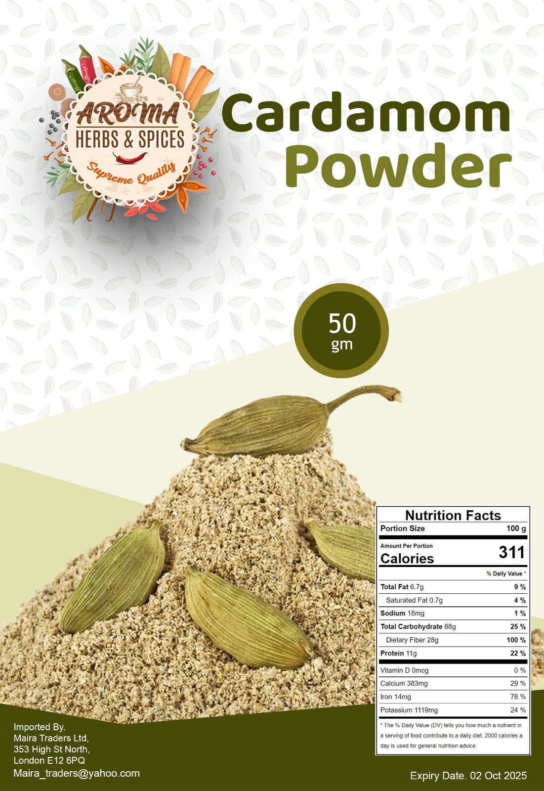 Cardamom Powder   Ground Cardamom   50g   Elaichi Powder  100% Natural   Premium Quality   All Natural   Vegan   Non-GMO (50 Gram)