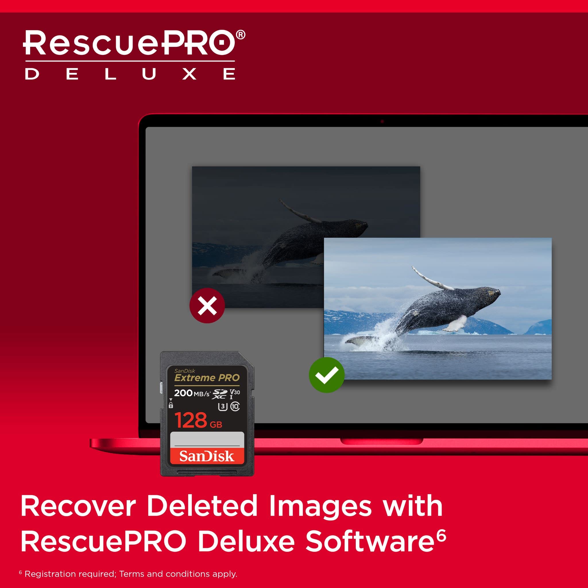 SanDisk 128GB Extreme PRO SDXC card and RescuePRO Deluxe, up to 200MB/s, UHS-I, Class 10, U3, V30