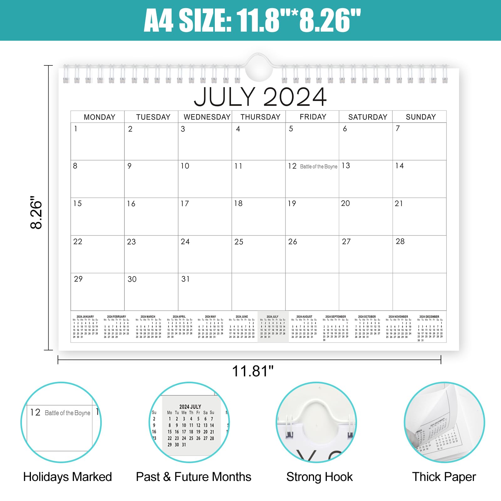 18 Mo Calendar 2024/25, A4 Wall Calendar 2024-2025, Monthly 2025 Calendar for Family Planner, Month to View From July 2024 - Dec.2025, Academic Calender for Office Kitchen, Simple Style