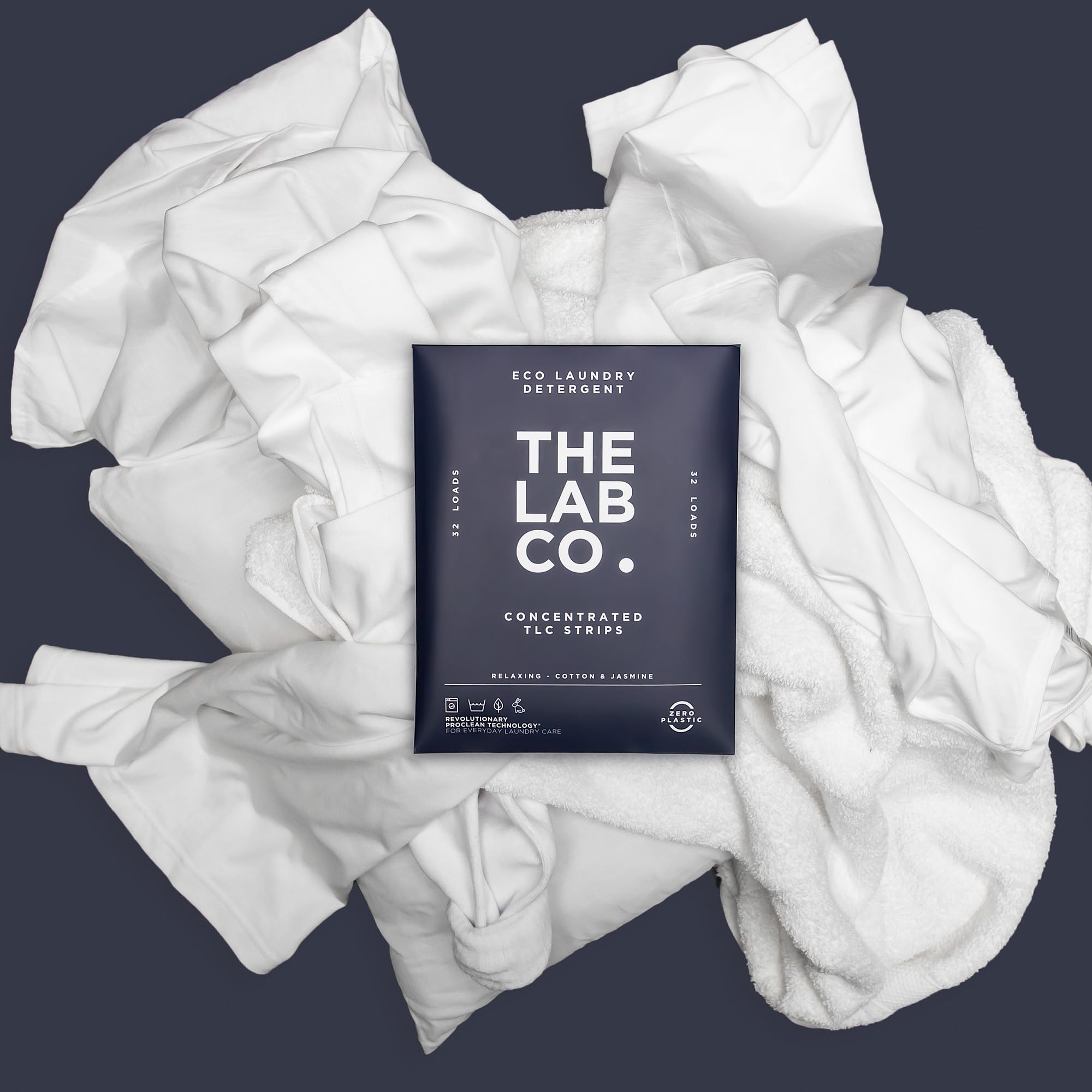 The Lab Co. Laundry Detergent Strips Sheets Eco Ultra-Concentrated Non-Bio Relaxing Fragrance Cotton & Jasmine for Hand and Machine Washing. Up to 32 Loads