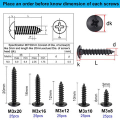 FandWay Phillips Round Head Self Tapping Screws, M3 x 8/10/12/16/20mm, Black Carbon Steel Mushroom Head Wood Screws, Truss Head Self Drilling Screws Assortment Set (25-Pieces/each)