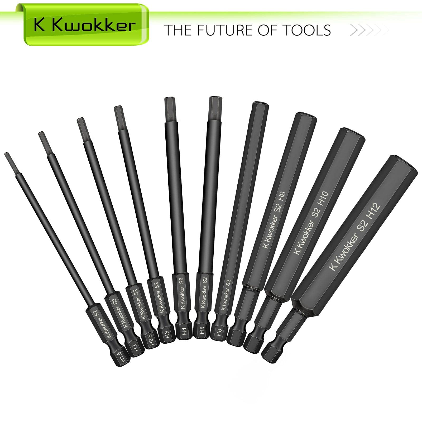 K Kwokker 10PCS 100MM Allen Wrench Drill Bits, 1.5mm-12mm Black Allen Key Bit Set, 1/4 Inch Hex Shank Hex Screwdriver Bit Set for Assembling Furniture