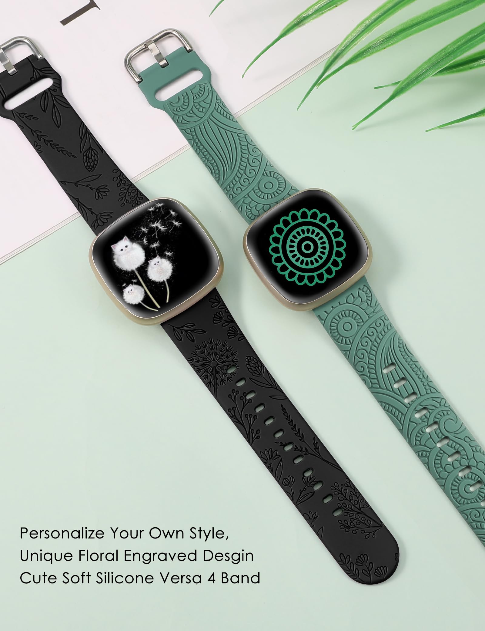 TOYOUTHS 2 Packs Floral Compatible with Fitbit Versa 4/Versa 3/Sense 2/Sense Straps, Soft Silicone Engraved Henna and Dandelion Pattern Sport Strap for Versa 3/4 Sense 1/2, StarlightandGreen