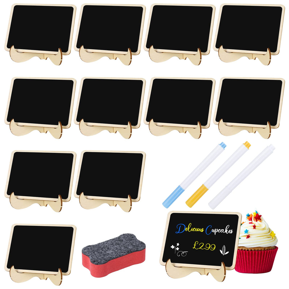 Fuyamp 12Pcs Mini Chalkboard Signs, Mini Blackboard with Stand Food Label Place Cards Small Blackboard with Pens and Eraser for School Party Table Numbers Food Signs