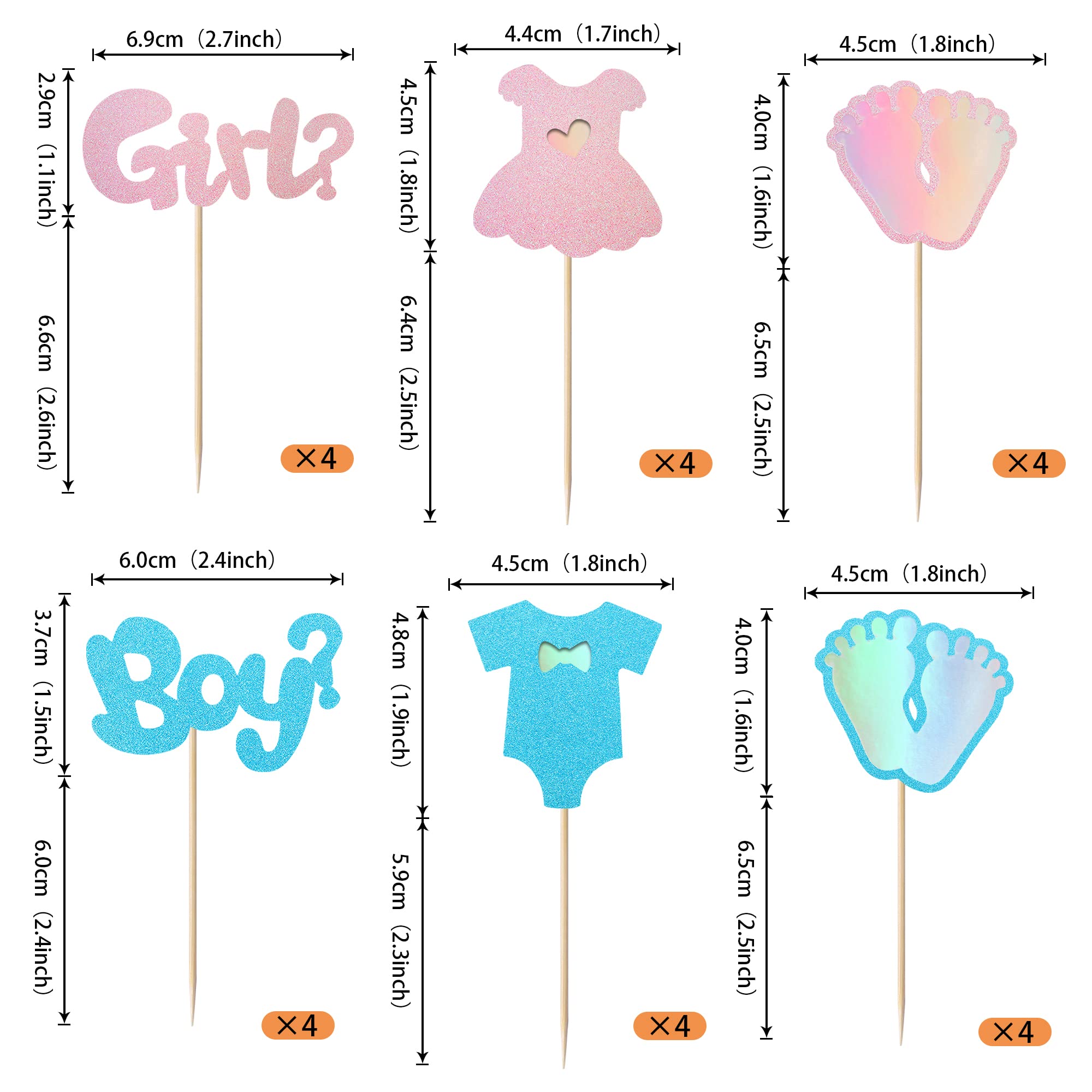 SYKYCTCY 24 Pack Boy or Girl Cupcake Toppers Gender Reveal Cupcake Picks Glitter Onesie Jumpsuit Cake Toppers Bow Tie Cake Decorations for Baby Shower Kids Birthday Theme Party Gradient