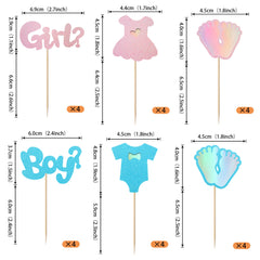 SYKYCTCY 24 Pack Boy or Girl Cupcake Toppers Gender Reveal Cupcake Picks Glitter Onesie Jumpsuit Cake Toppers Bow Tie Cake Decorations for Baby Shower Kids Birthday Theme Party Gradient