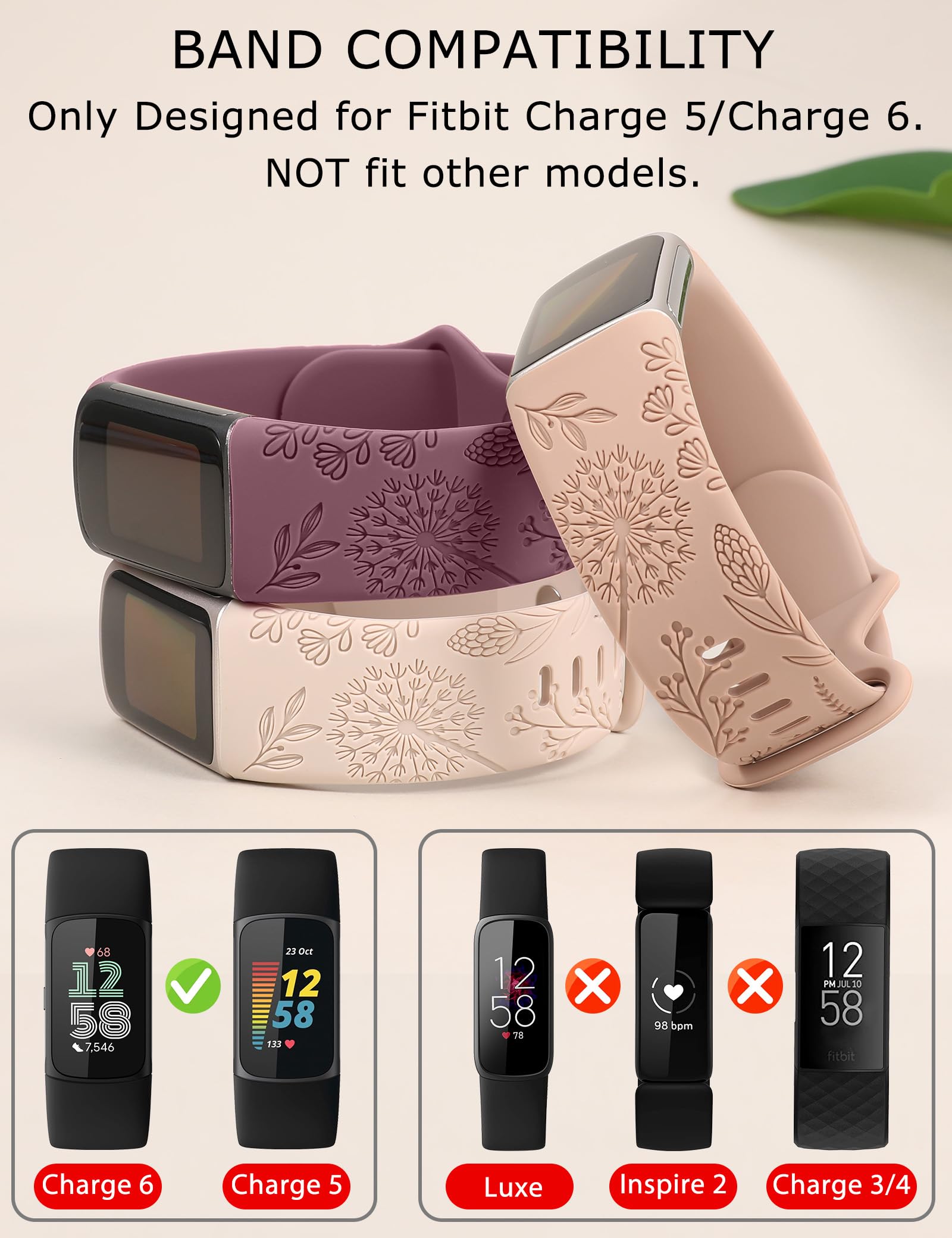 TOYOUTHS 3 Packs Floral Engraved Compatible with Fitbit Charge 5/Charge 6 Strap for Women, Soft Waterproof Silicone Sport Band with Cute Dandelion Flower Pattern, StarlightandMilk TeaandSmoked Violet