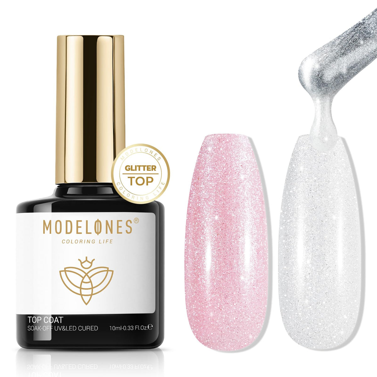 Modelones Glitter Gel Top Coat, Micro Aurora Glitter Gel Polish No Wipe Clear Top Coat Glossy Sparkly Finish Long Lasting Soak Off Rainbow Shimmer Glitter Gel Nail Polish Nail Art Manicure, 10ml