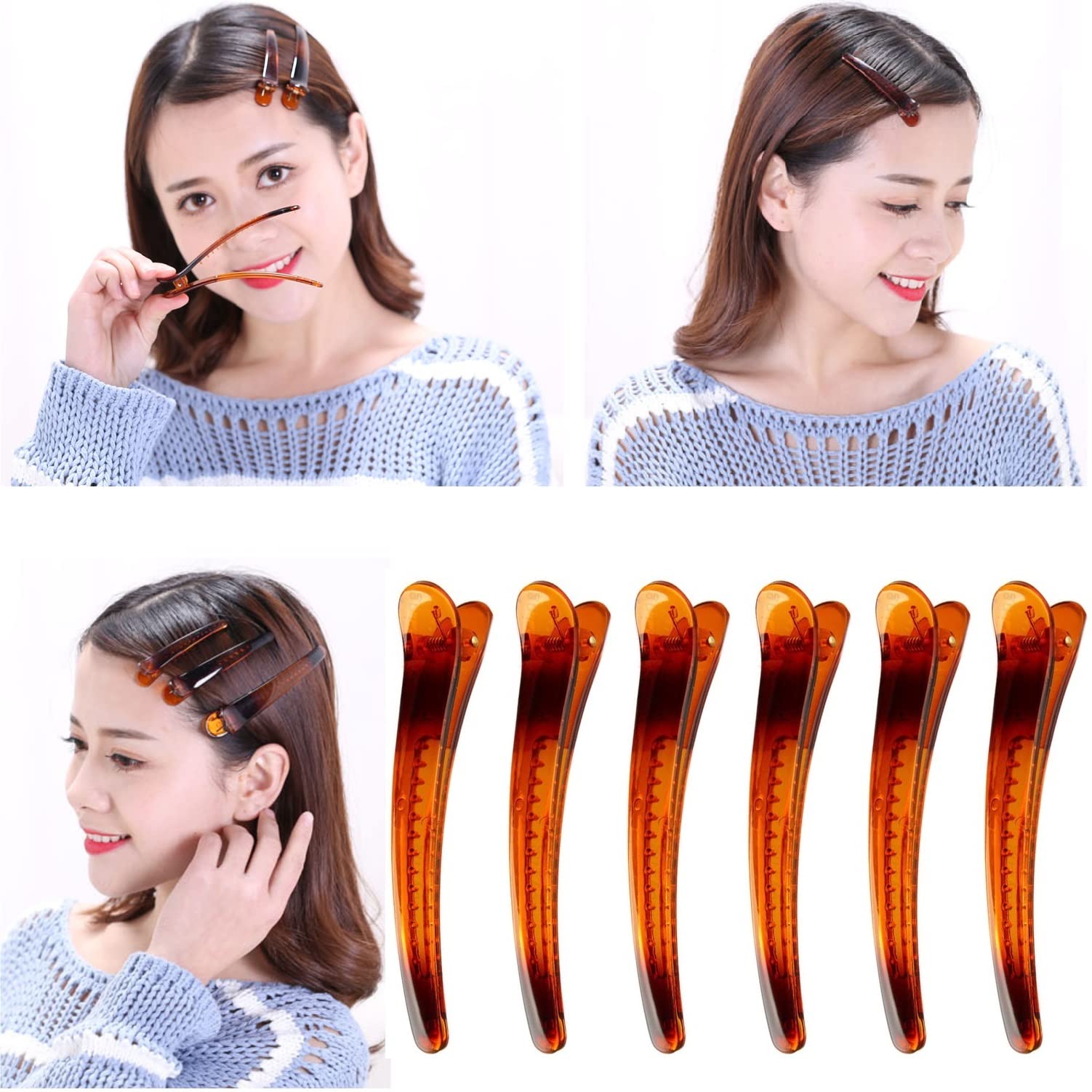 12pcs Sectioning Clips and 1pcs Antistatic Tail Comb, Multicolor Professional Hair Clamp Grips for Women Girls Hairdressing Styling Salon Tool (Brown Color)