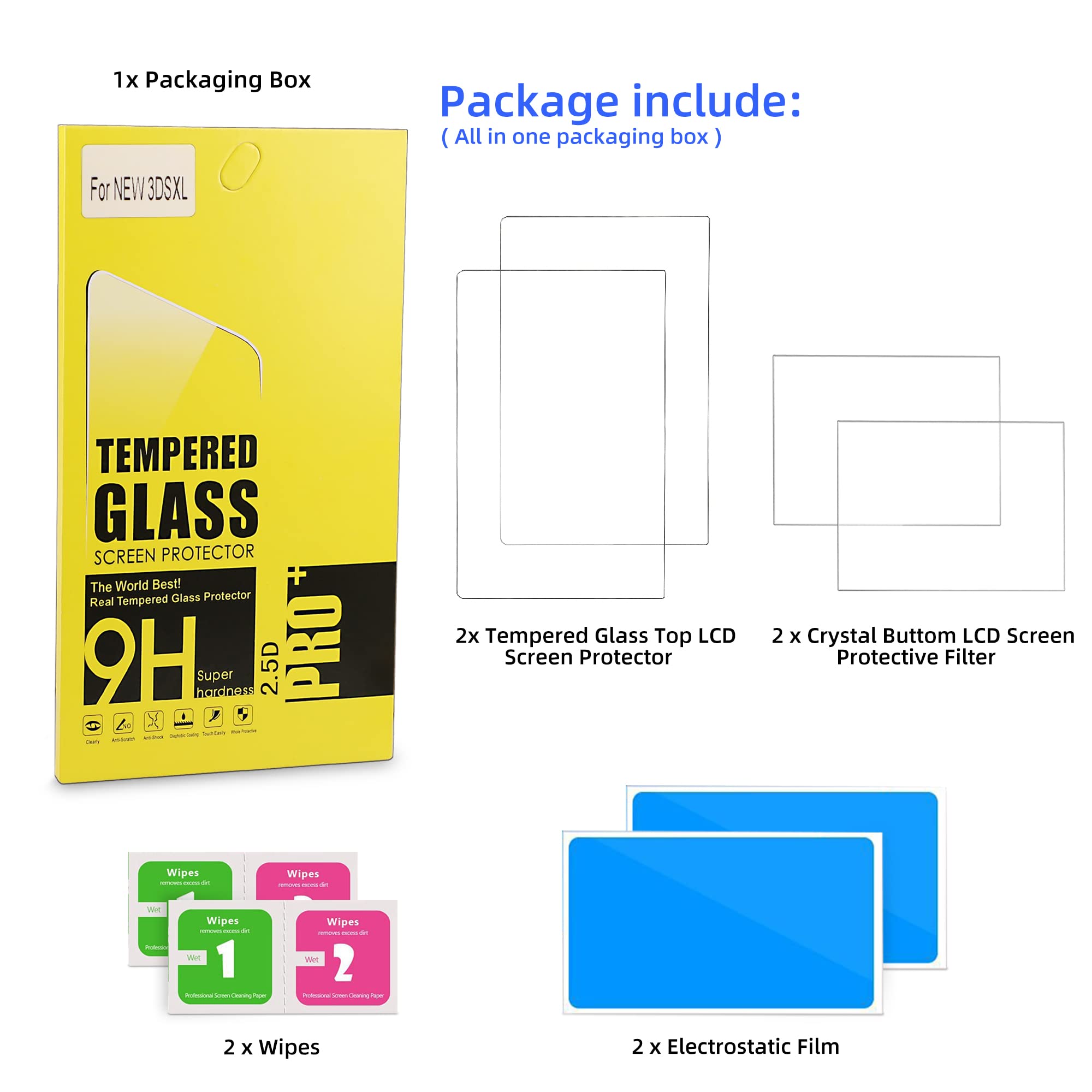 Screen Protector for New 3DS XL, 2 Pack Tempered Glass Top LCD for Top Screen and HD Clear Crystal PET Film Compatible Bottom Screen Protective Filter Compatible with Nintendo 3DS XL/New 3DS XL