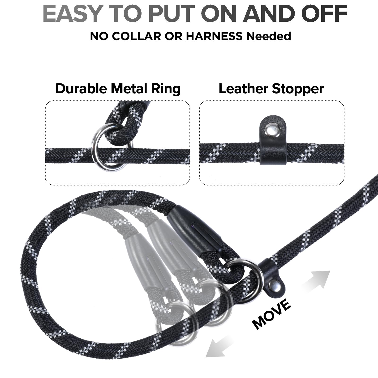 Loutep Slip Lead for Dogs- 1.8m Black Rope Dog Lead With Reflective Stitching Slip on Easily With No Collar or Harness Needed Ideal for Large & Medium Dogs