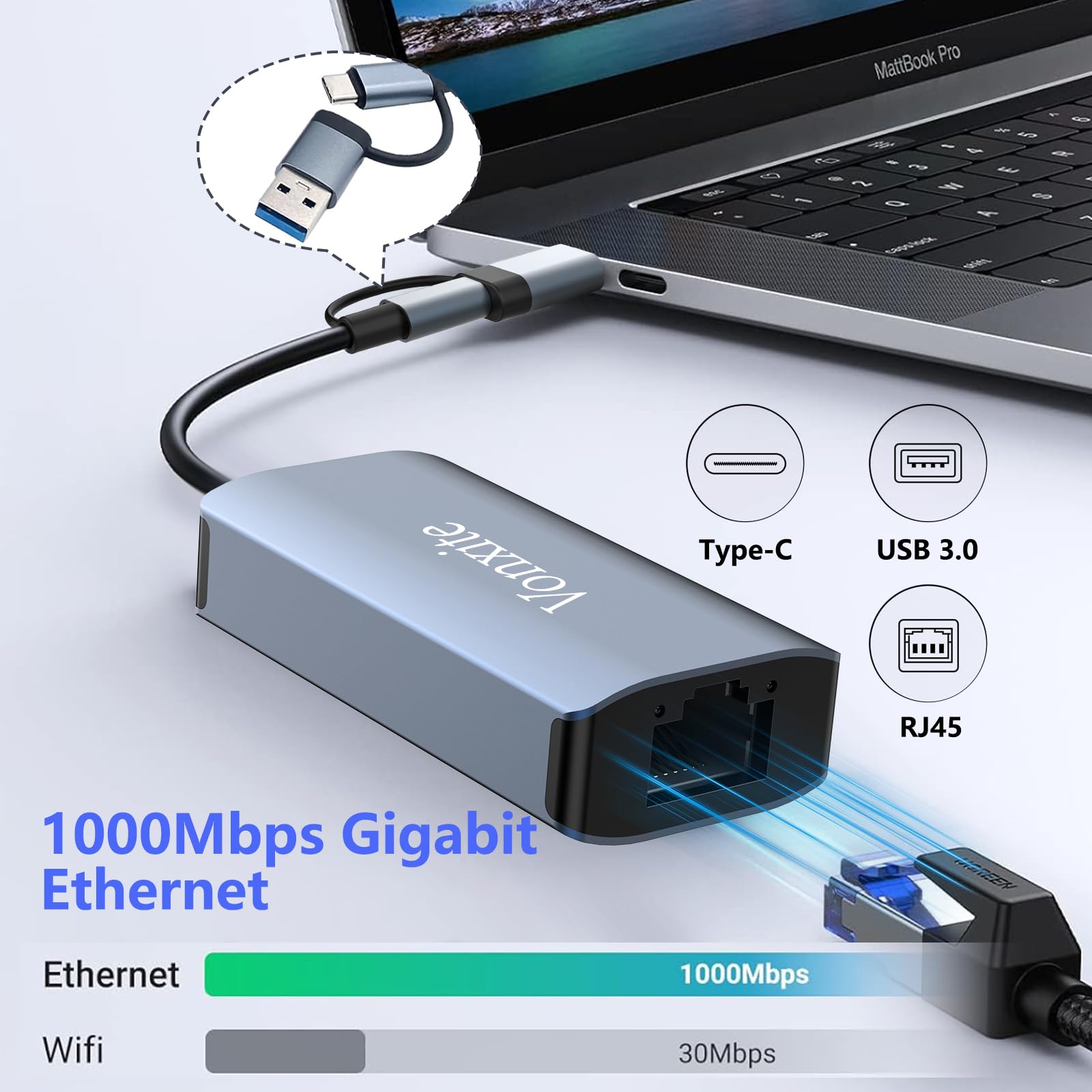 Vonxite USB C to Ethernet Adapter, USB 3.0 Network Adapter, USB to 1000Mbps Gigabit RJ45 LAN Ethernet Adapter, Aluminum Gigabit LAN Wire Adapter Compatible with MacBook, Steam Deck, iPad, TV Box, etc.