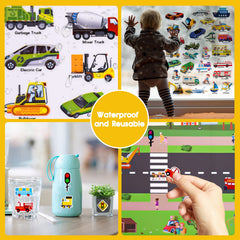 ASTARON Reusable 3D Puffy Sticker Book for Kids, 88 Pcs Cute Waterproof Vehicles Stickers, Puffy Sticker Game Travel Stickers and Educational Sensory Learning Toy（3-6 Age）