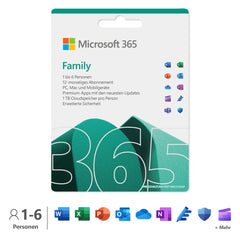 Microsoft 365 Family   12 Months, Up to 6 Users   Word, Excel, PowerPoint   1TB OneDrive Cloud Storage   PCs/Macs & Mobile Devices   Box