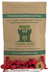 Castle Tees Red 40 x 32mm 1 ¼ inch Red Premium Bamboo Golf Tees with a Free Ball Marker & Free Pencil. Twice the strength of regular bamboo very strong & durable & a Great Golf Gift.