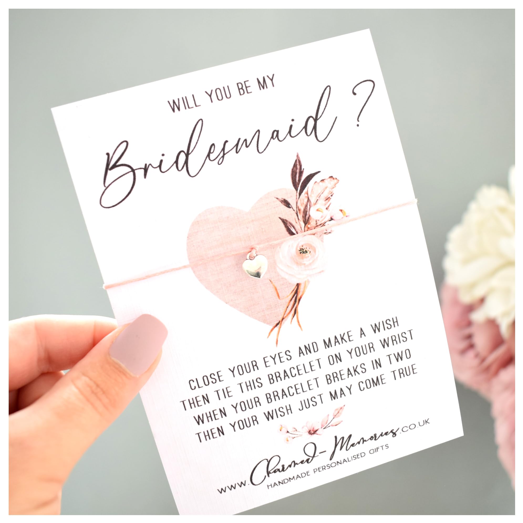 Will You Be My Bridesmaid? Wish Bracelet   Bridesmaid Proposal   Floral & Burlap Boho Heart Design   Tibetan Charm. Wish String Cord Bracelet. Modern Greeting Card